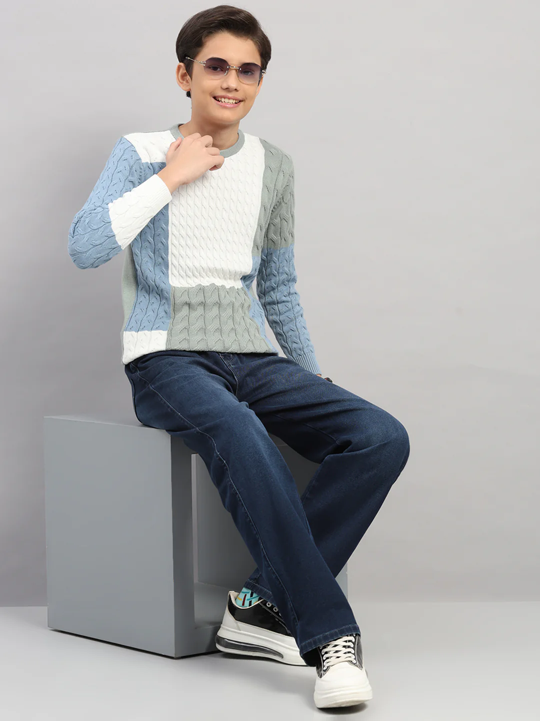 Boys Green Stripe Round Neck Full Sleeve Pullover - Image 2