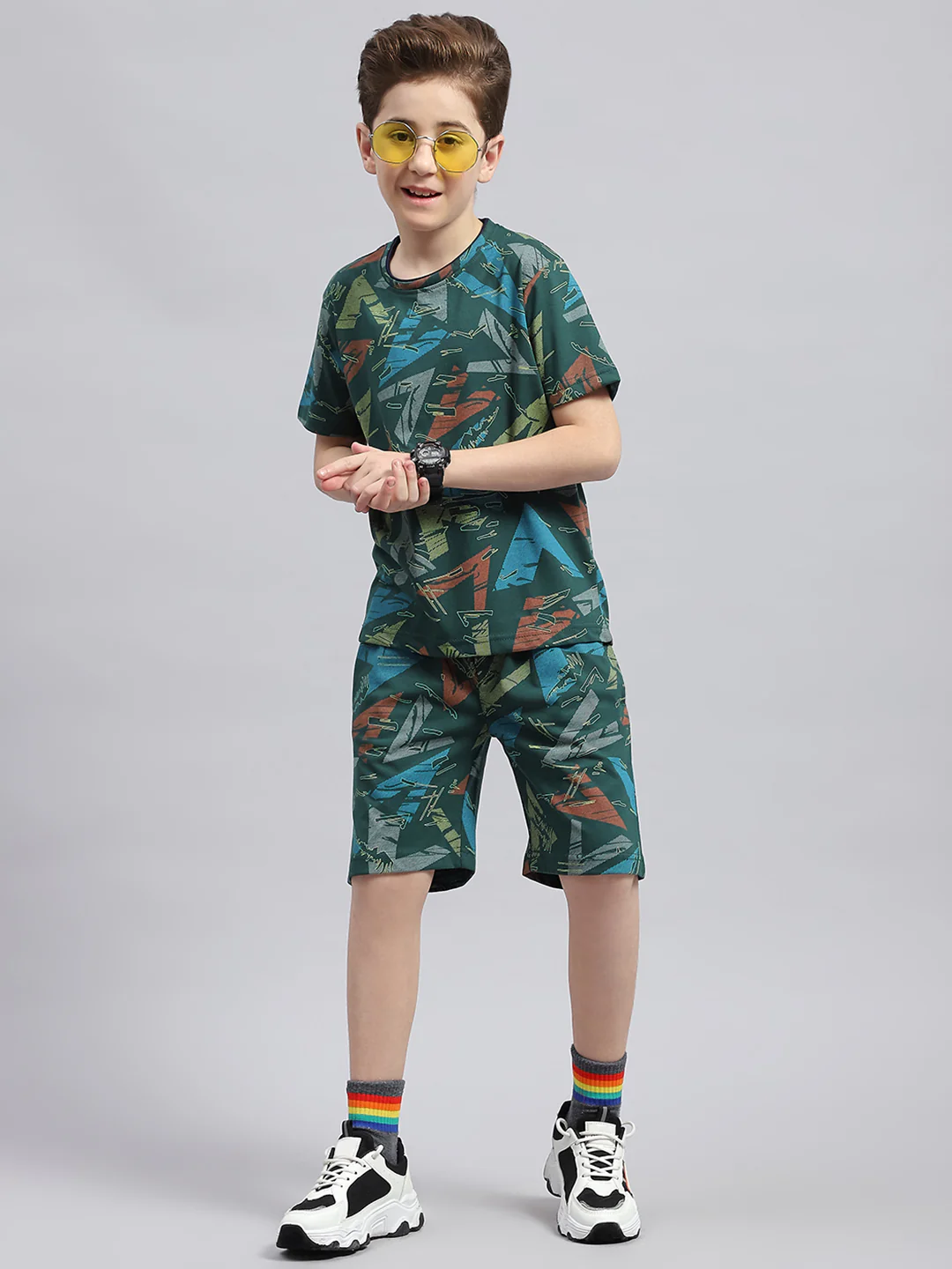 Boys Blue Printed Round Neck Half Sleeve Bermuda Set - Image 2
