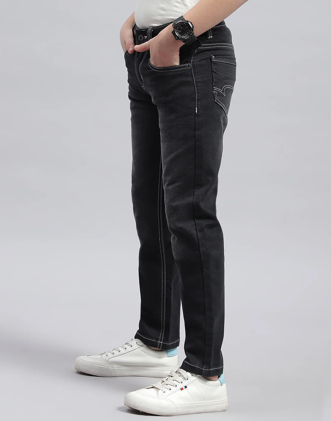 Boys Grey Black Solid Slim Fit Denim - Image 3