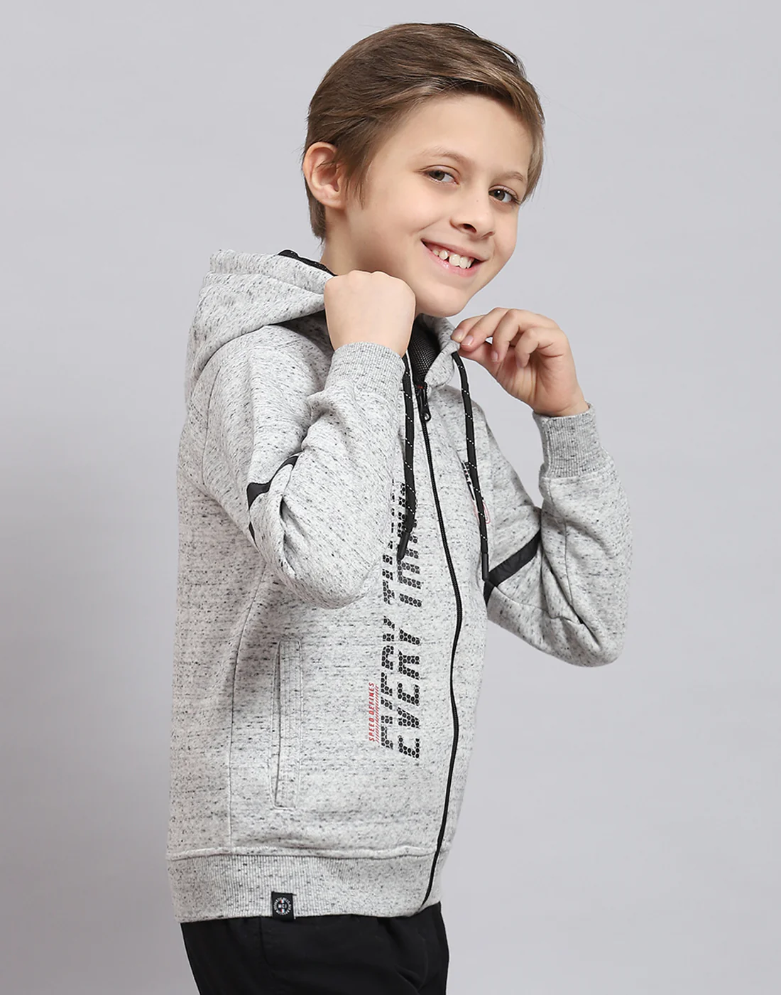 Boys Grey Melange Printed Hooded Full Sleeve Sweatshirt - Image 4