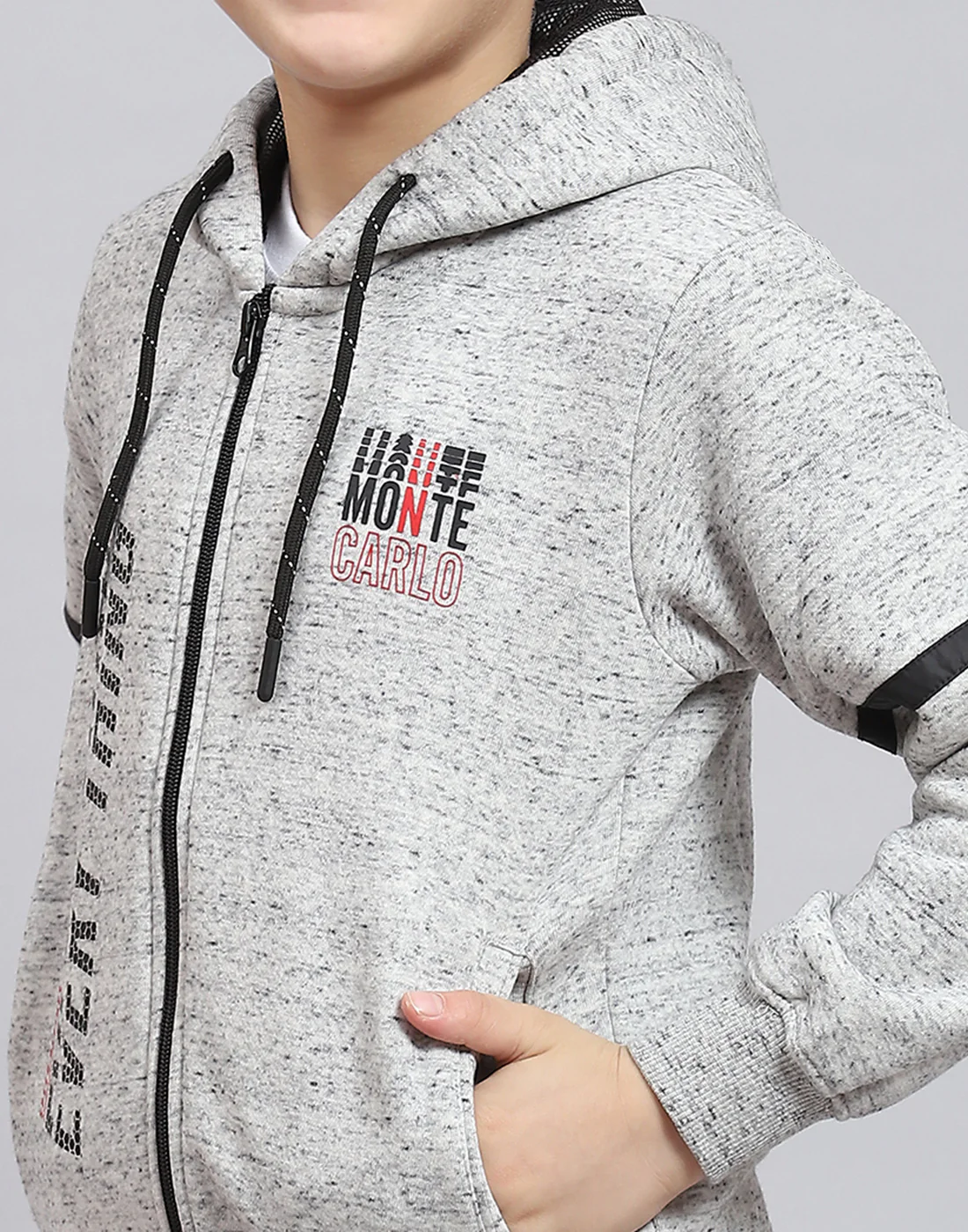 Boys Grey Melange Printed Hooded Full Sleeve Sweatshirt - Image 7