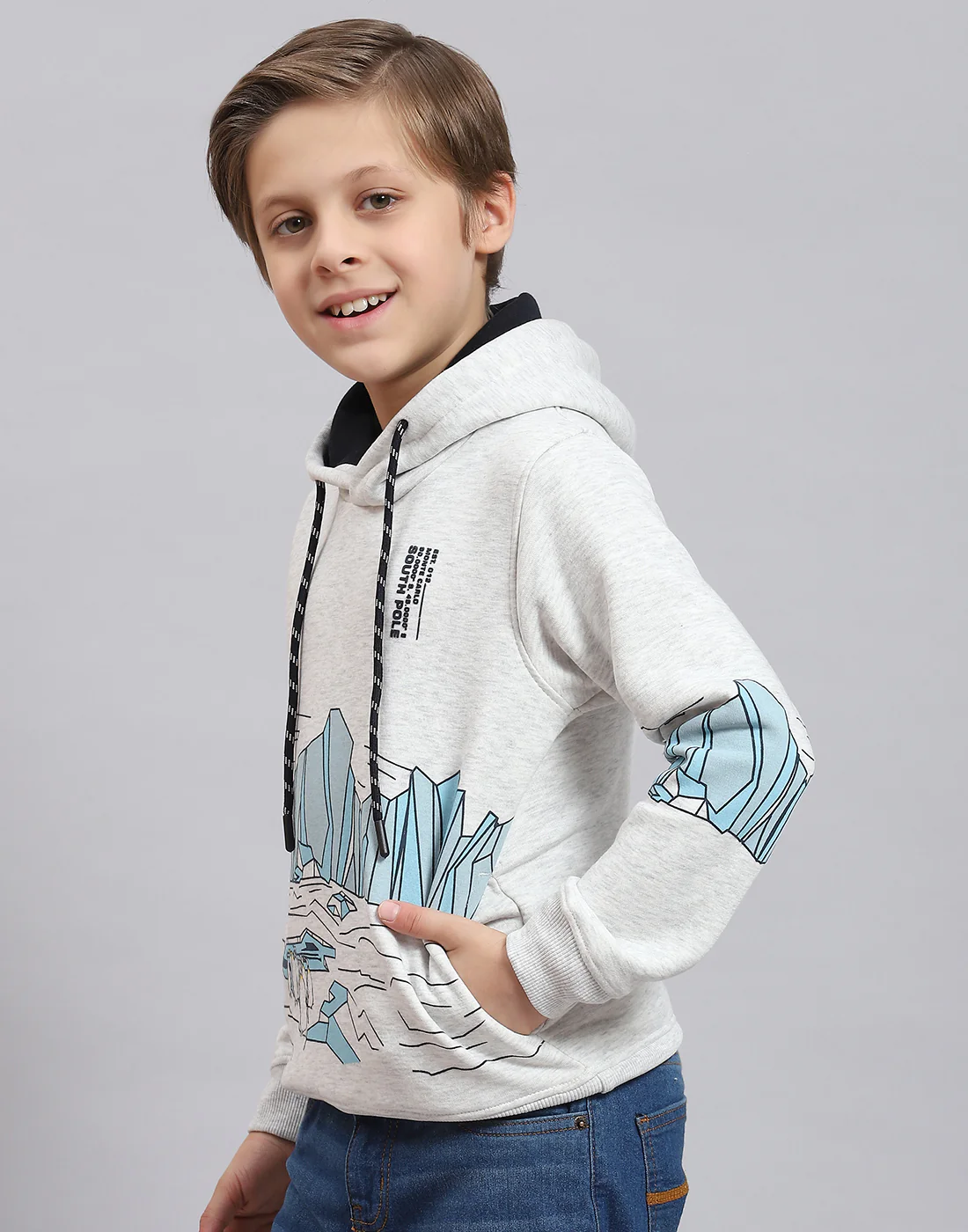 Boys Grey Melange Printed Hooded Full Sleeve Sweatshirt - Image 3