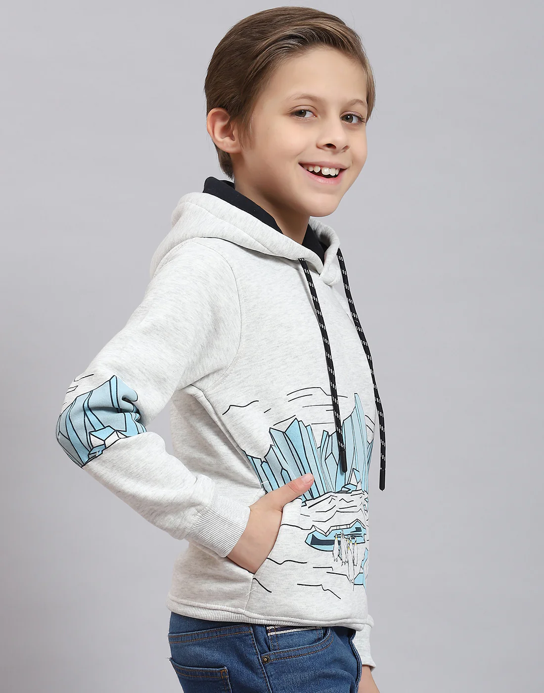 Boys Grey Melange Printed Hooded Full Sleeve Sweatshirt - Image 4