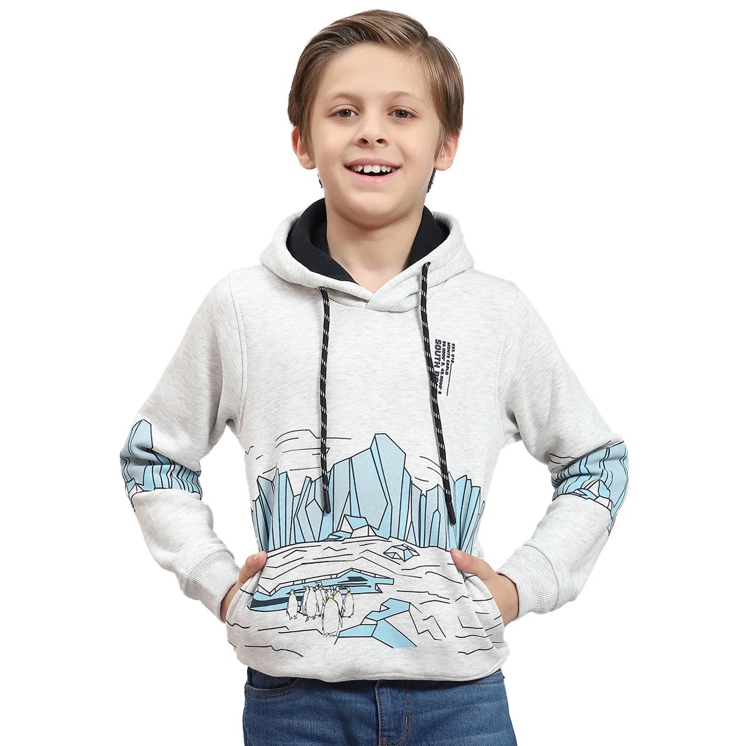 Boys Grey Melange Printed Hooded Full Sleeve Sweatshirt - Image 5