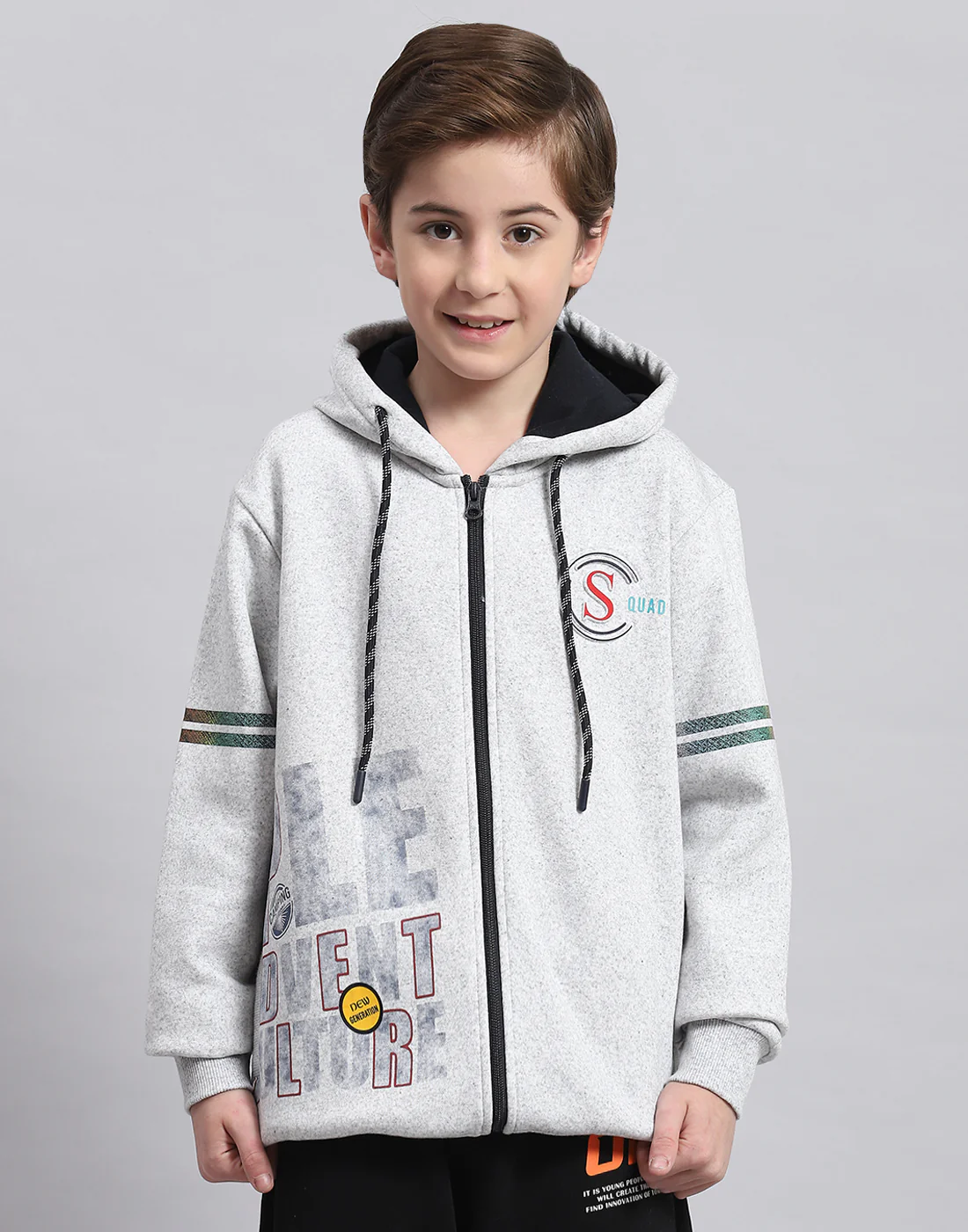 Boys Grey Melange Printed Hooded Full Sleeve Sweatshirt - Image 2