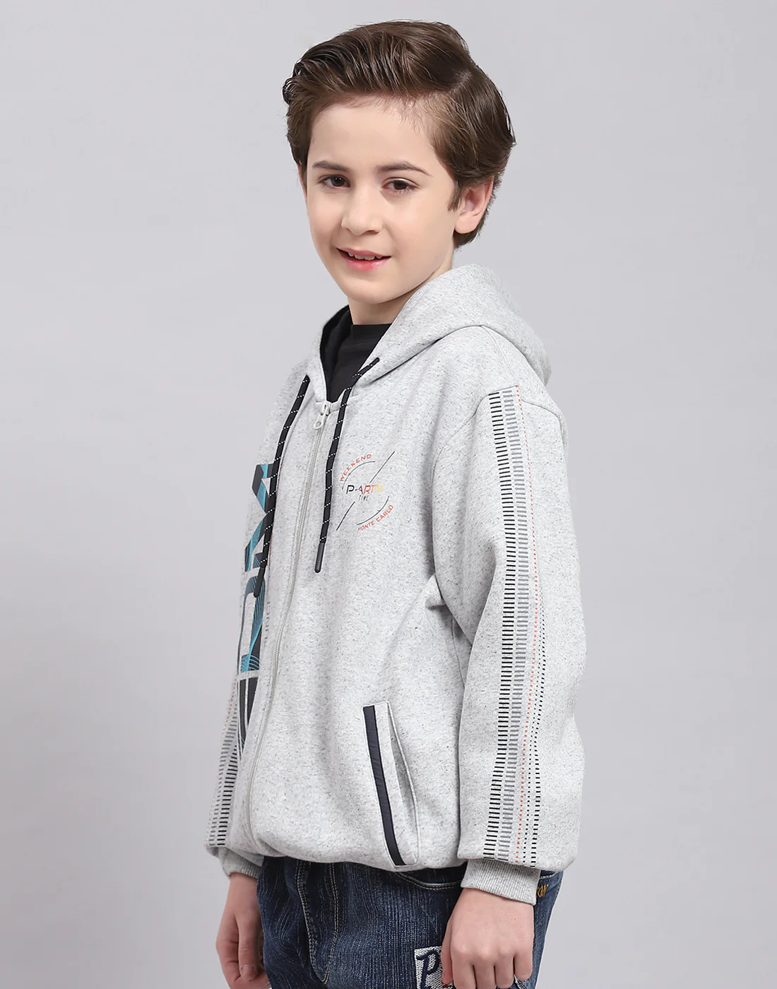 Boys Grey Melange Printed Hooded Full Sleeve Sweatshirt - Image 3