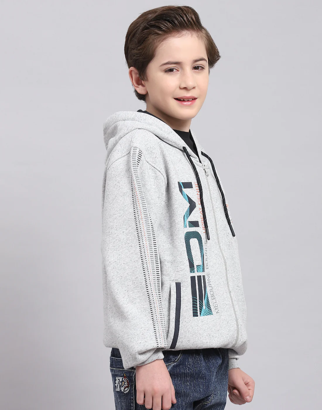 Boys Grey Melange Printed Hooded Full Sleeve Sweatshirt - Image 4