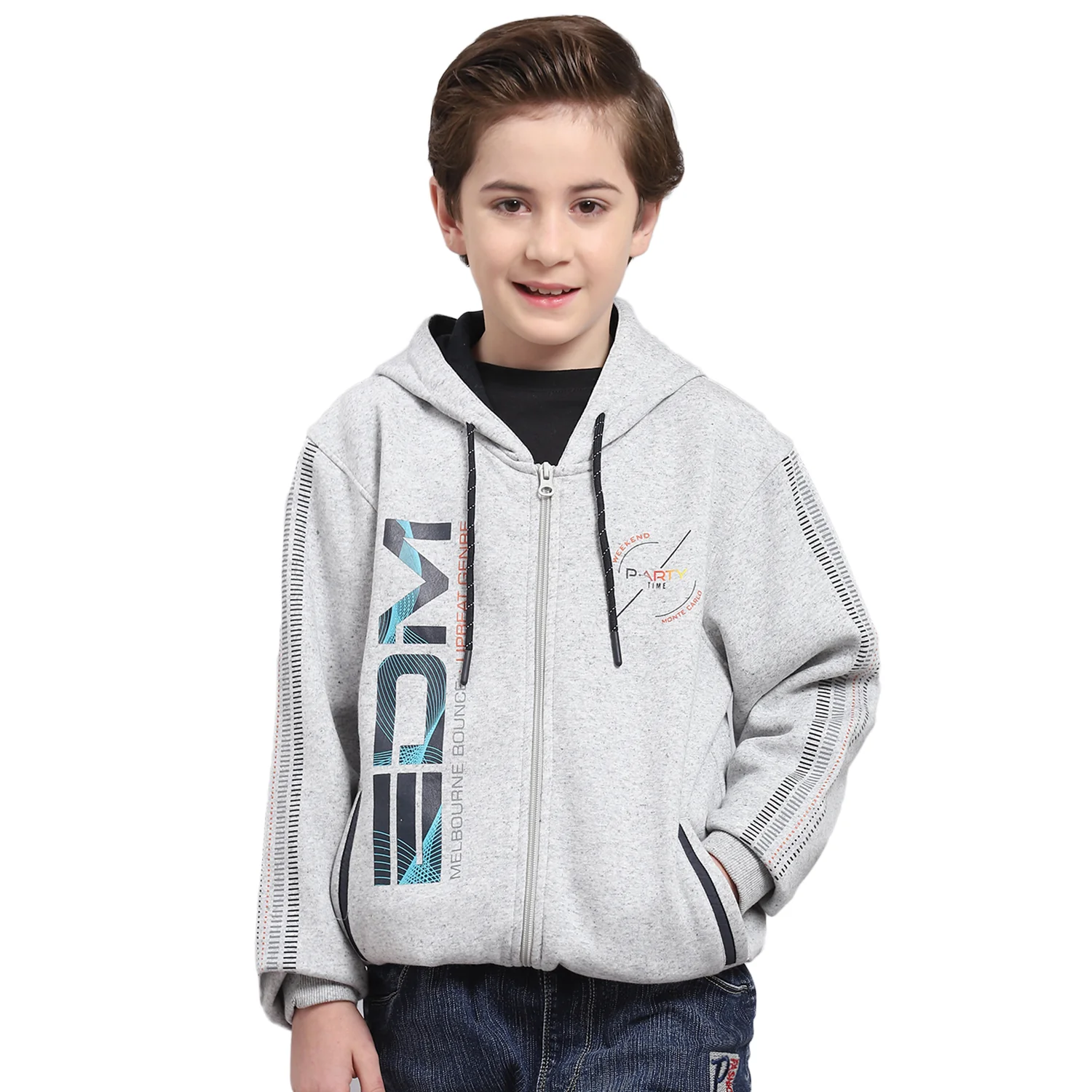 Boys Grey Melange Printed Hooded Full Sleeve Sweatshirt - Image 5
