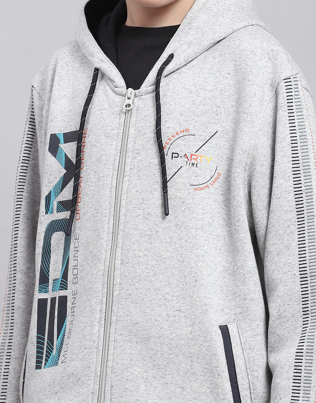Boys Grey Melange Printed Hooded Full Sleeve Sweatshirt - Image 7