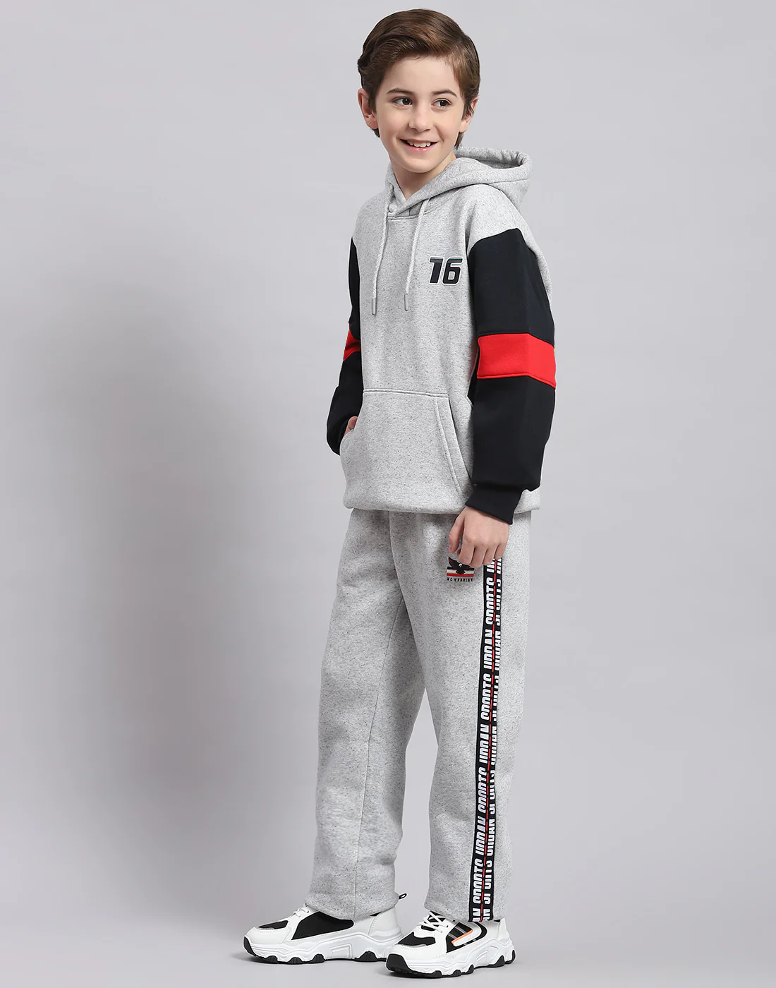 Boys Grey Melange Printed Hooded Full Sleeve Tracksuit - Image 3