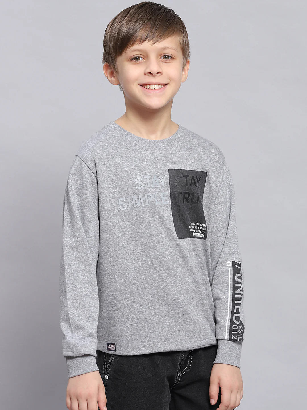 Boys Grey Melange Printed Round Neck Full Sleeve Sweatshirt - Image 2