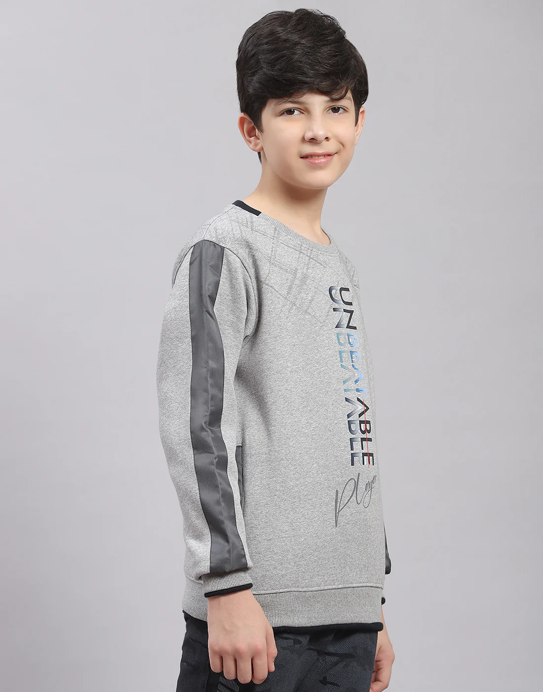 Boys Grey Melange Printed Round Neck Full Sleeve Sweatshirt - Image 4