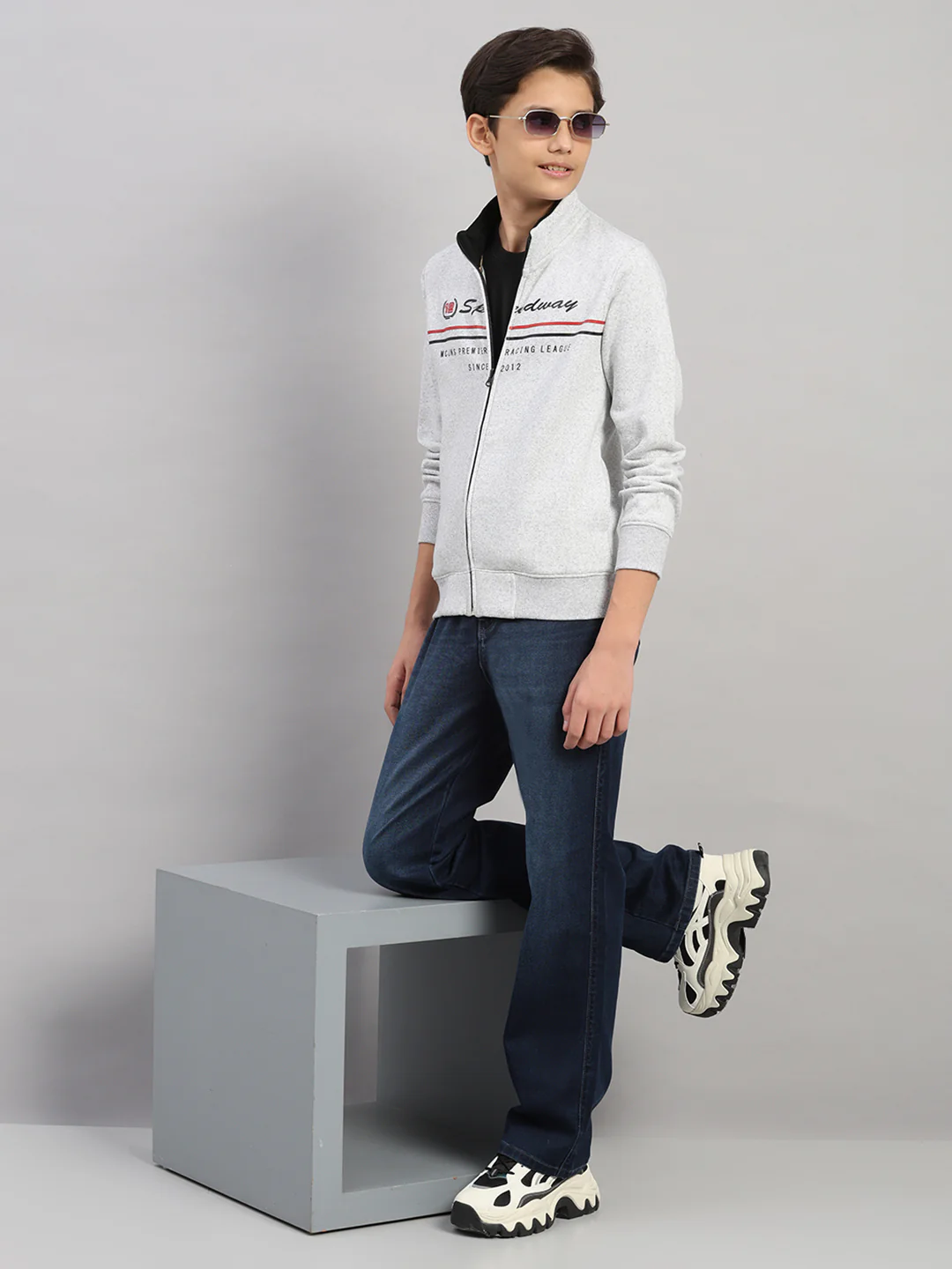 Boys Grey Melange Printed Turtle Neck Full Sleeve Sweatshirt - Image 2