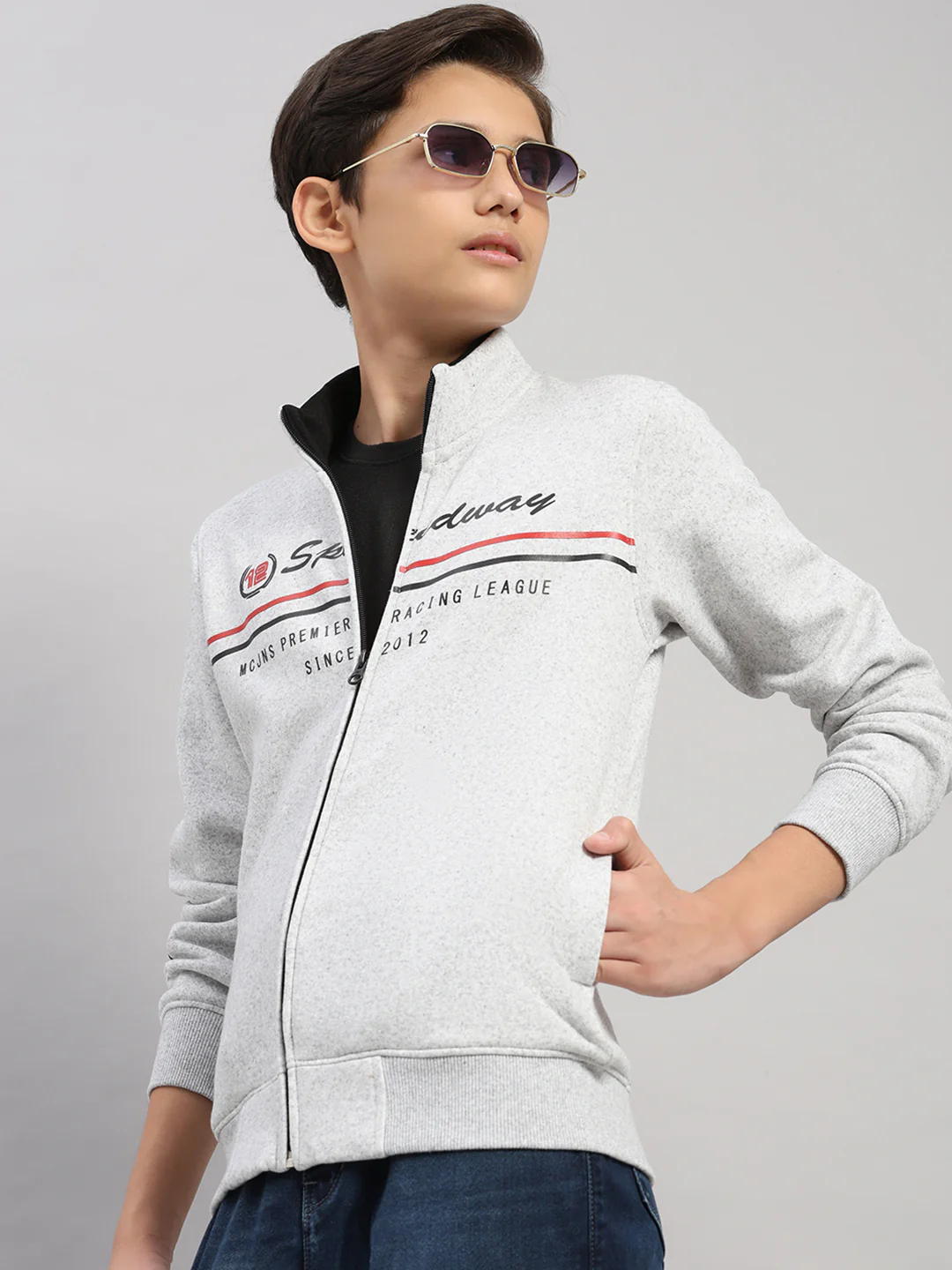 Boys Grey Melange Printed Turtle Neck Full Sleeve Sweatshirt - Image 6