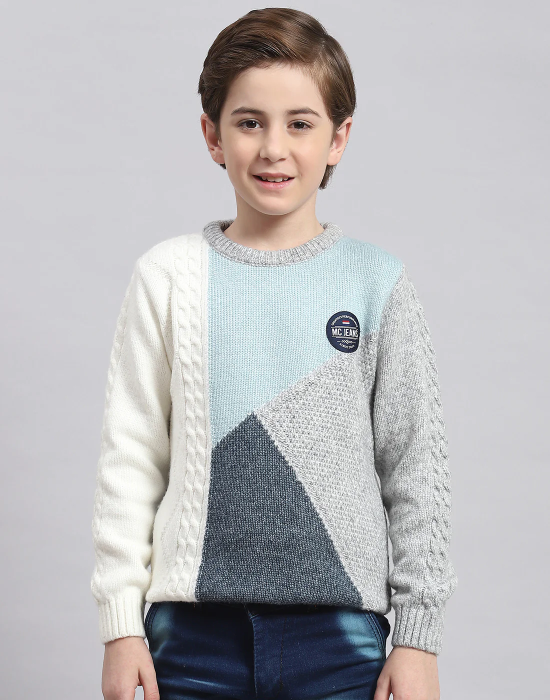 Boys Grey Melange Self Design Round Neck Full Sleeve Sweater - Image 2