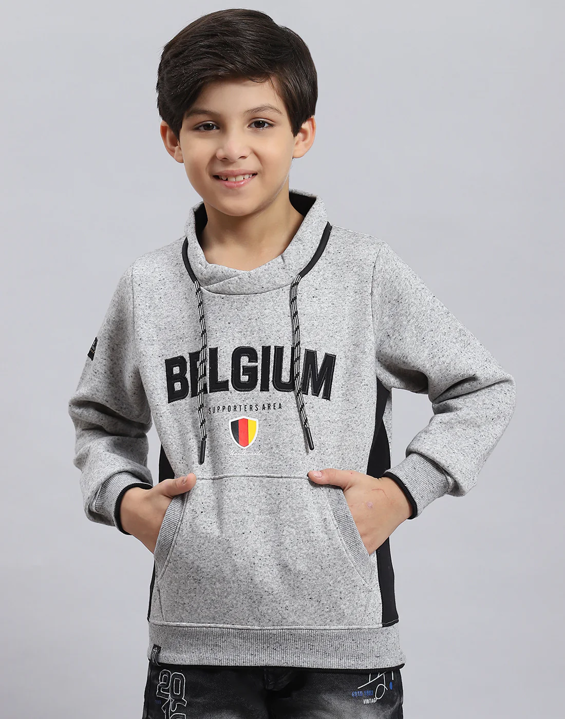 Boys Grey Melange Solid F Neck Full Sleeve Sweatshirt - Image 3