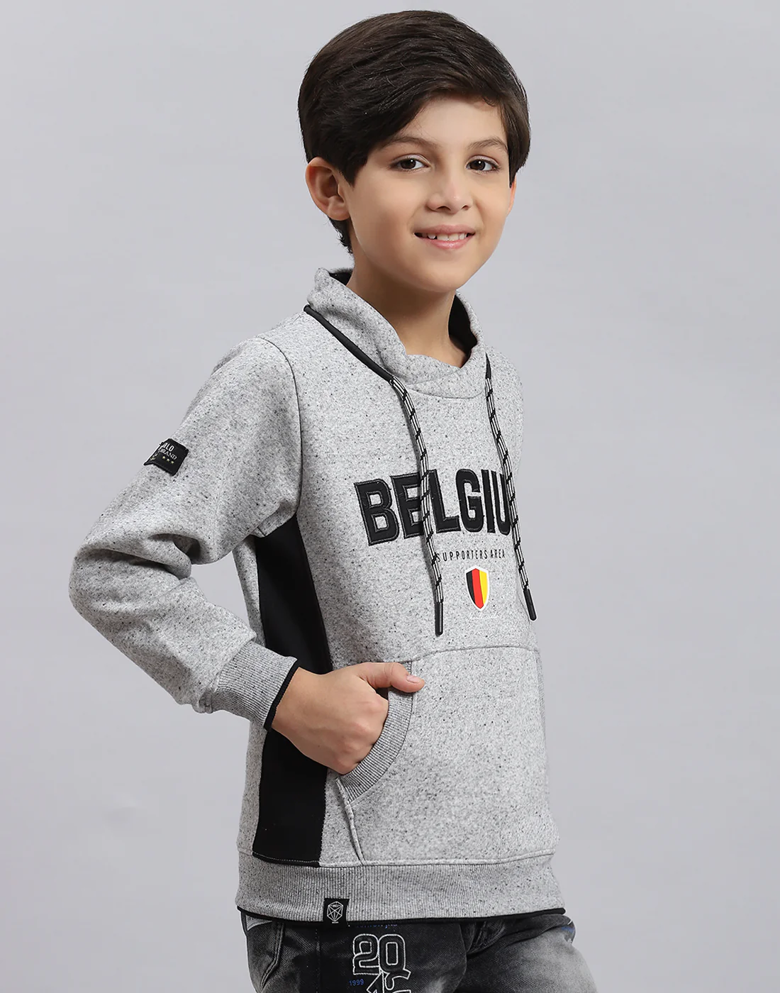 Boys Grey Melange Solid F Neck Full Sleeve Sweatshirt - Image 6