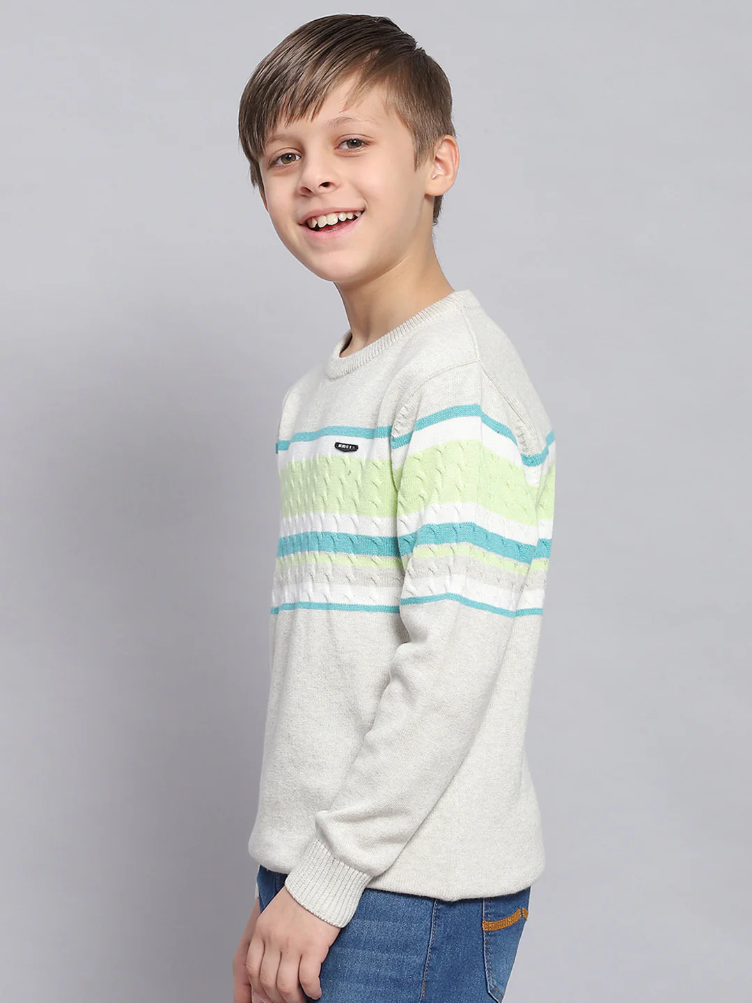 Boys Grey Melange Stripe Round Neck Full Sleeve Sweater - Image 3