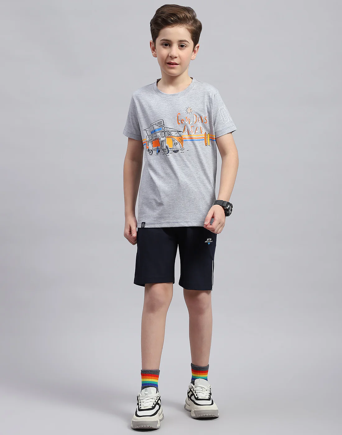 Boys Grey & Navy Blue Printed Round Neck Half Sleeve Bermuda Set - Image 2