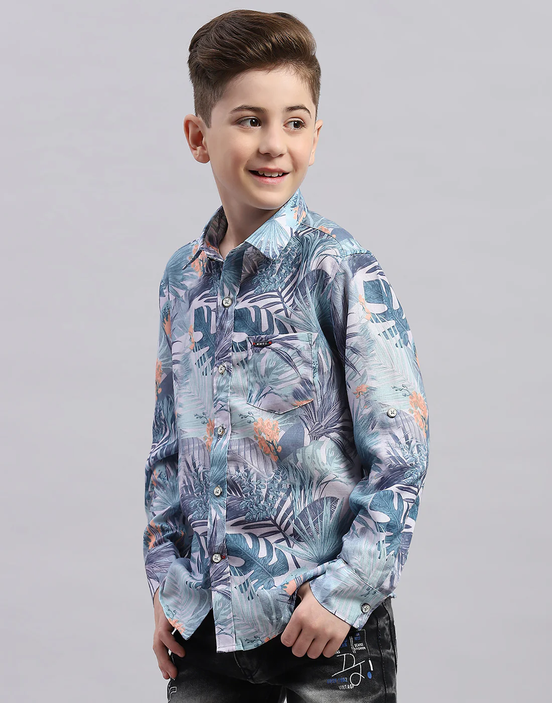 Boys Grey Printed Collar Full Sleeve Shirt - Image 3
