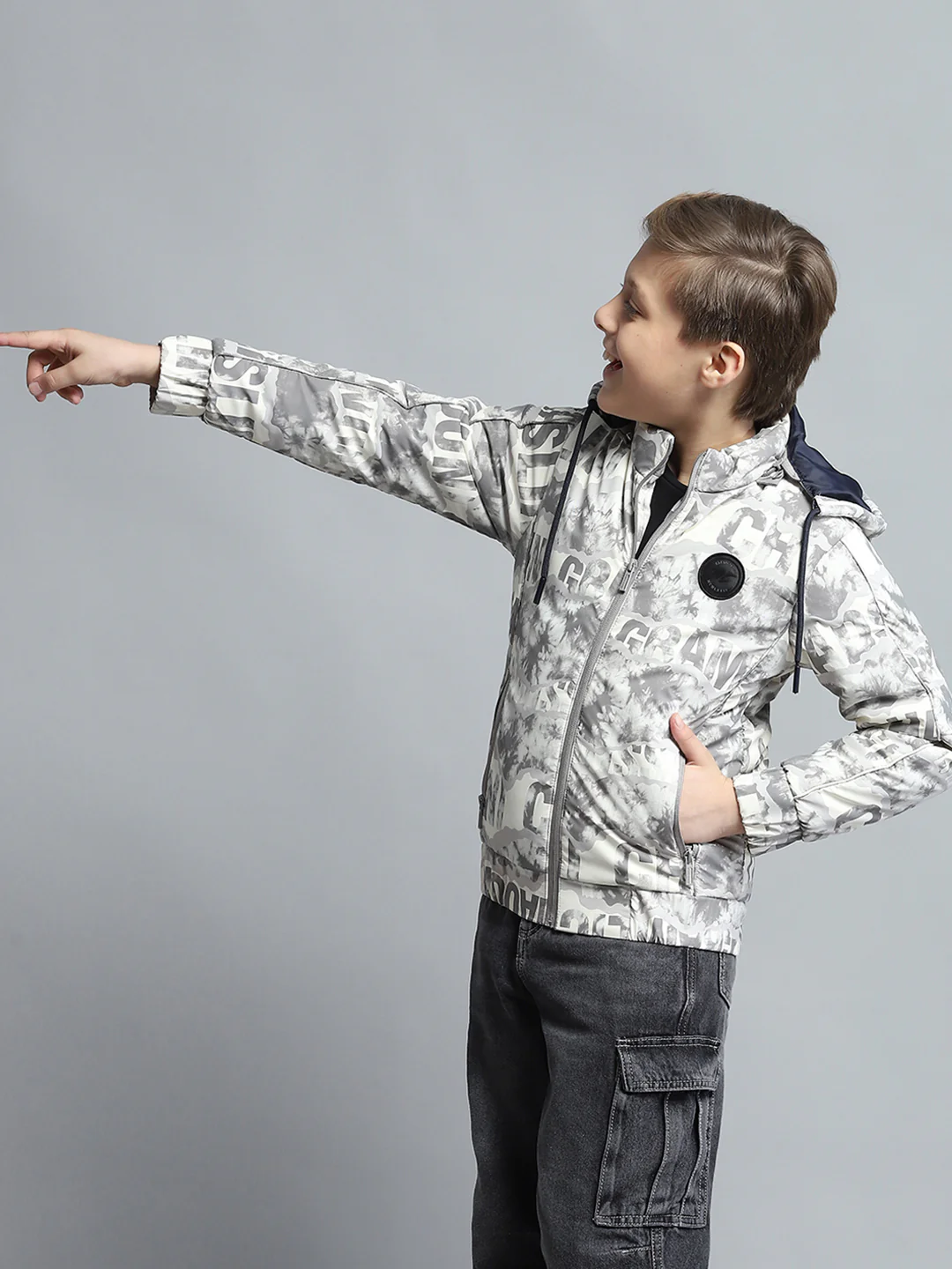 Boys Grey Printed Detachable Hood Full Sleeve Jacket - Image 7