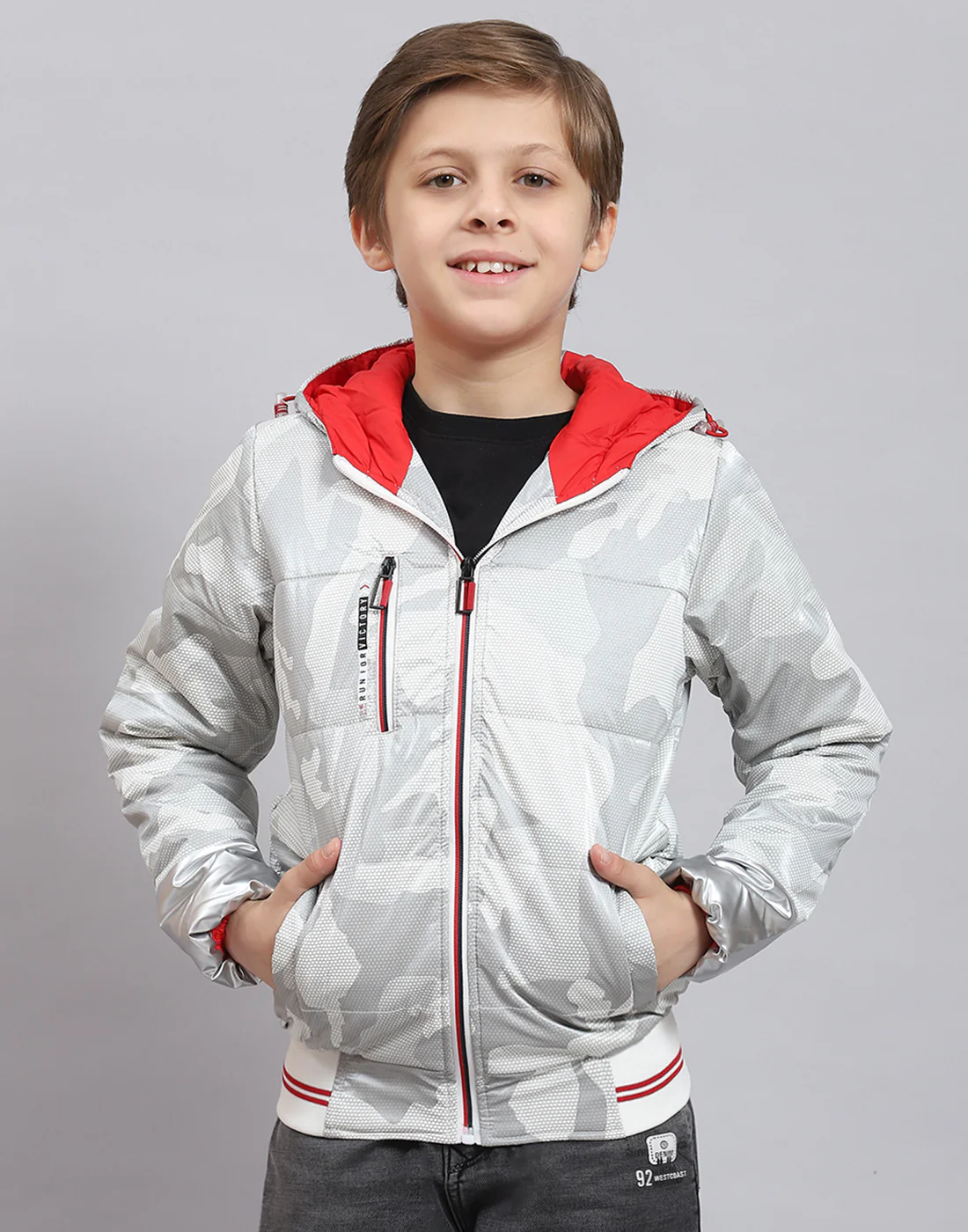 Boys Grey Printed Hooded Full Sleeve Boys Jacket - Image 2