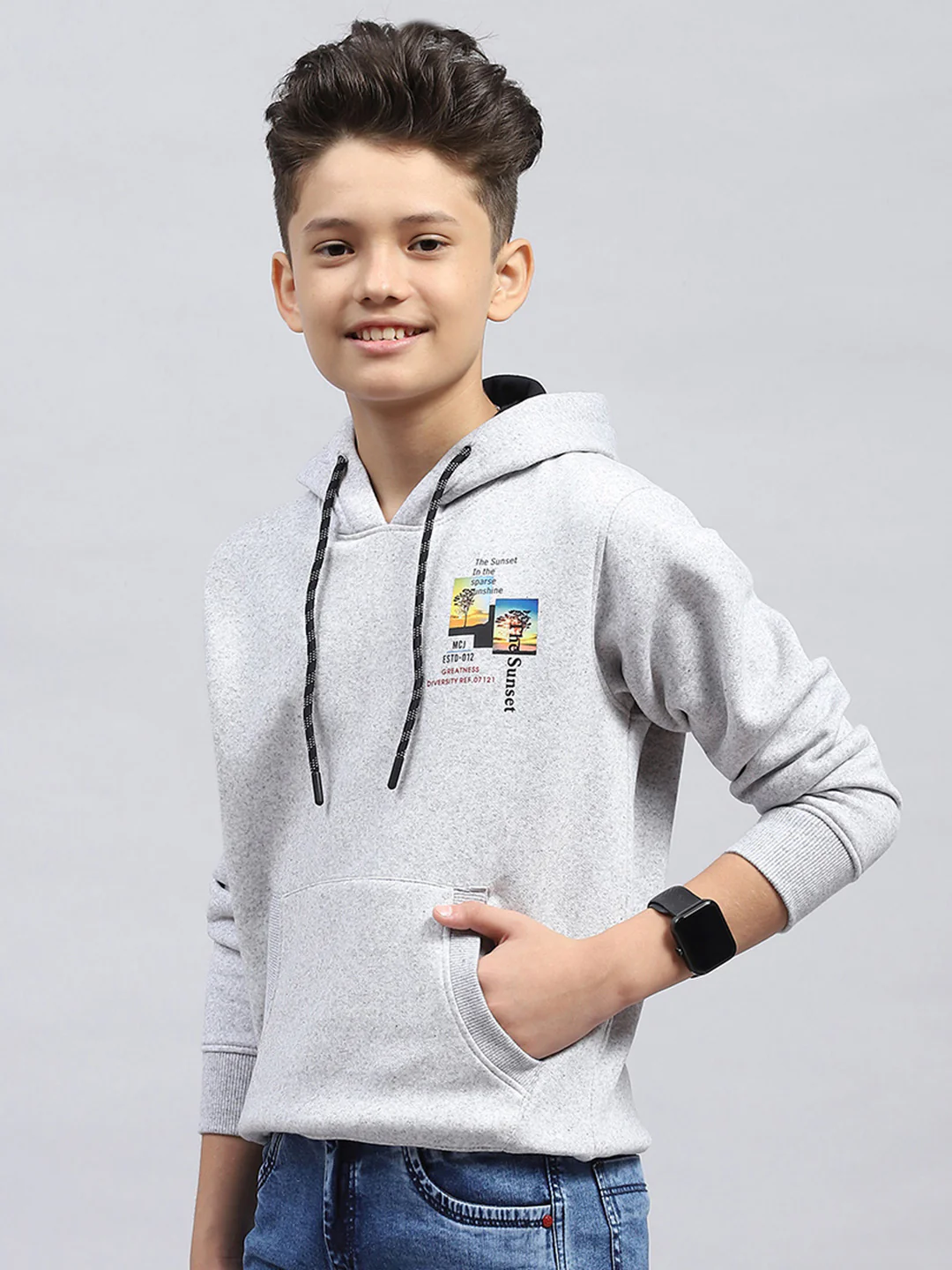 Boys Grey Printed Hooded Full Sleeve Sweatshirt - Image 3