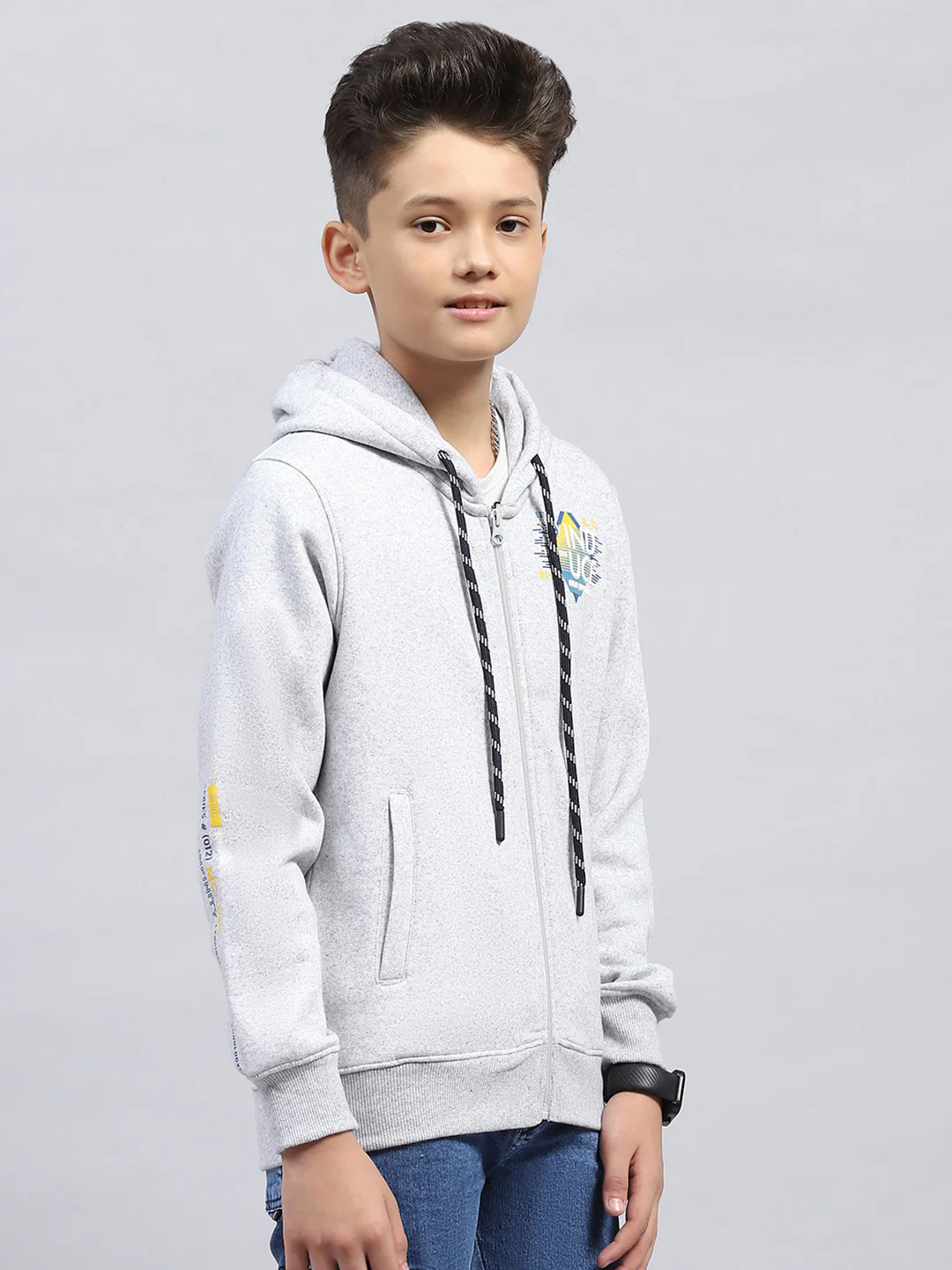 Boys Grey Printed Hooded Full Sleeve Sweatshirt - Image 4