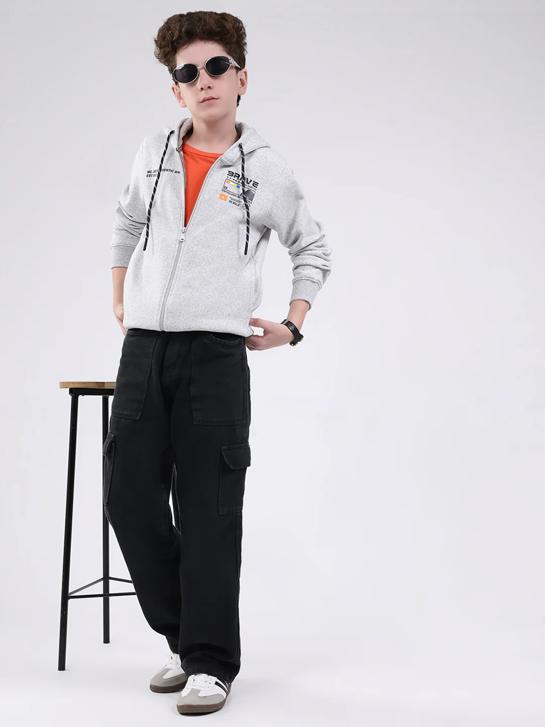Boys Grey Printed Hooded Full Sleeve Sweatshirt - Image 2