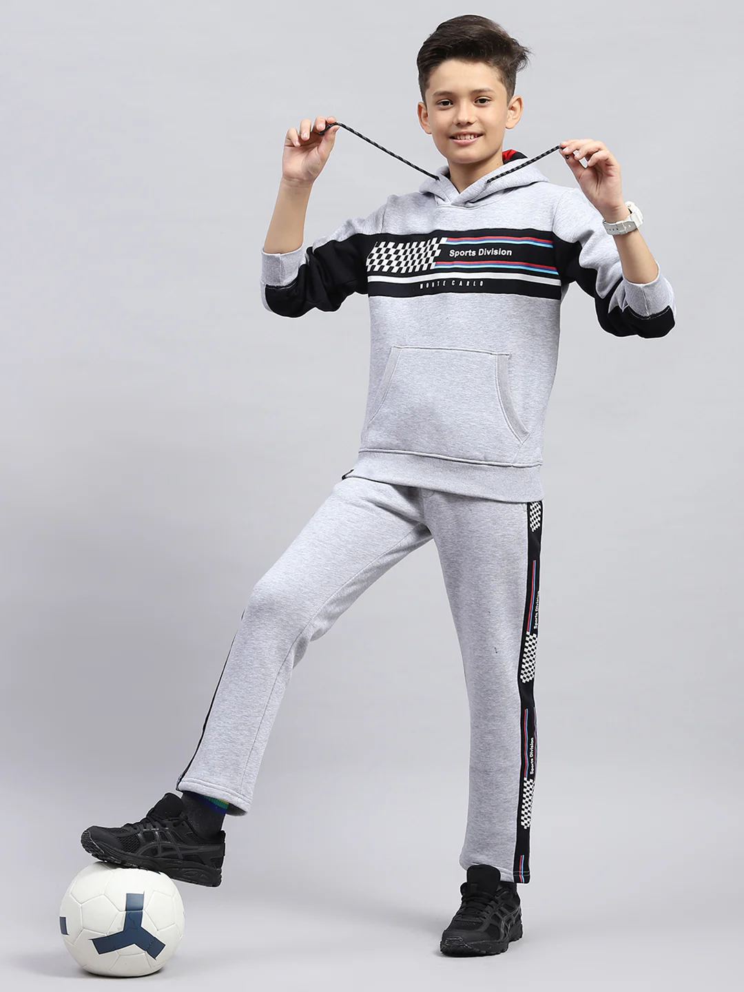 Boys Grey Printed Hooded Full Sleeve Tracksuit - Image 2