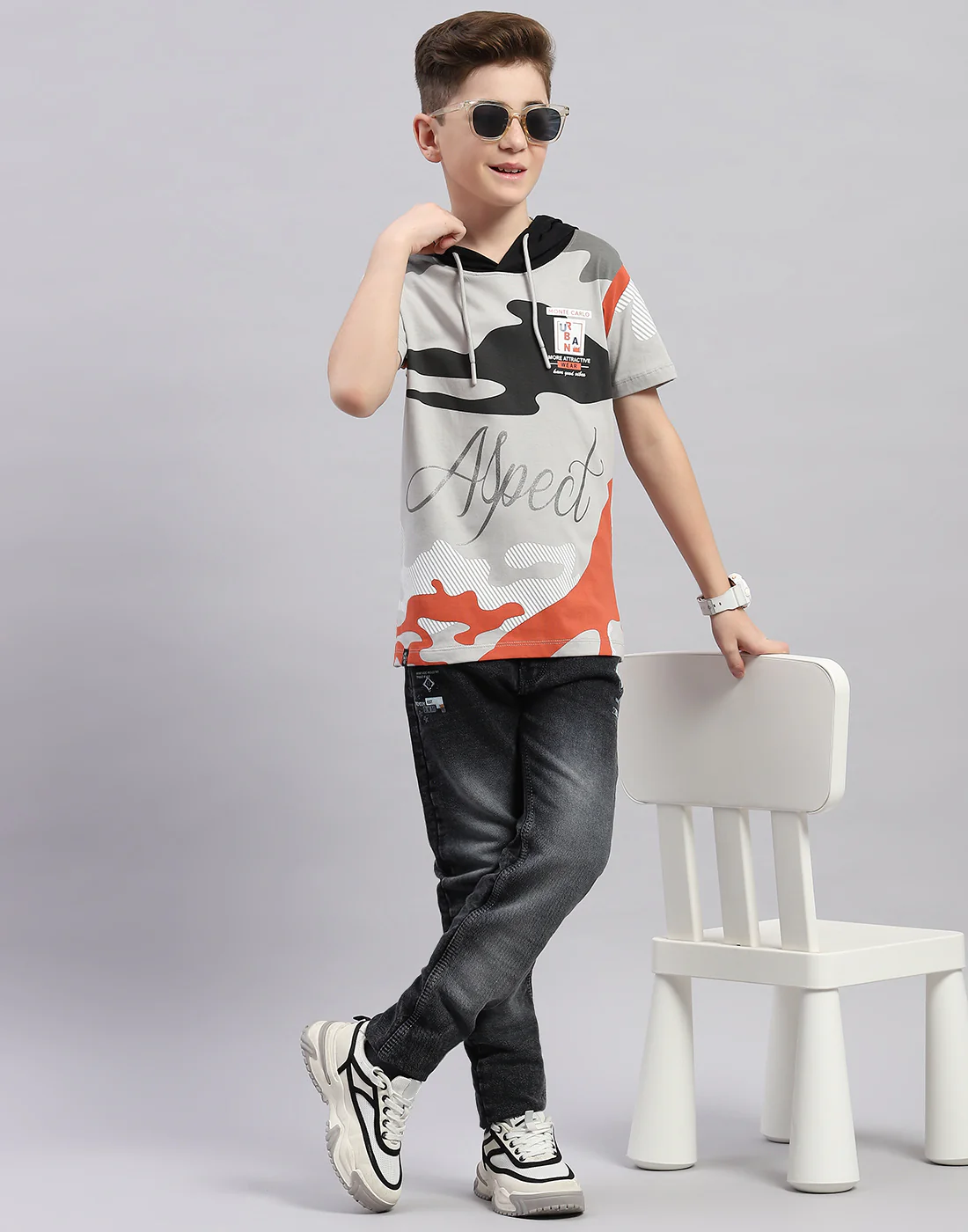 Boys Grey Printed Hooded Half Sleeve T-Shirt - Image 2