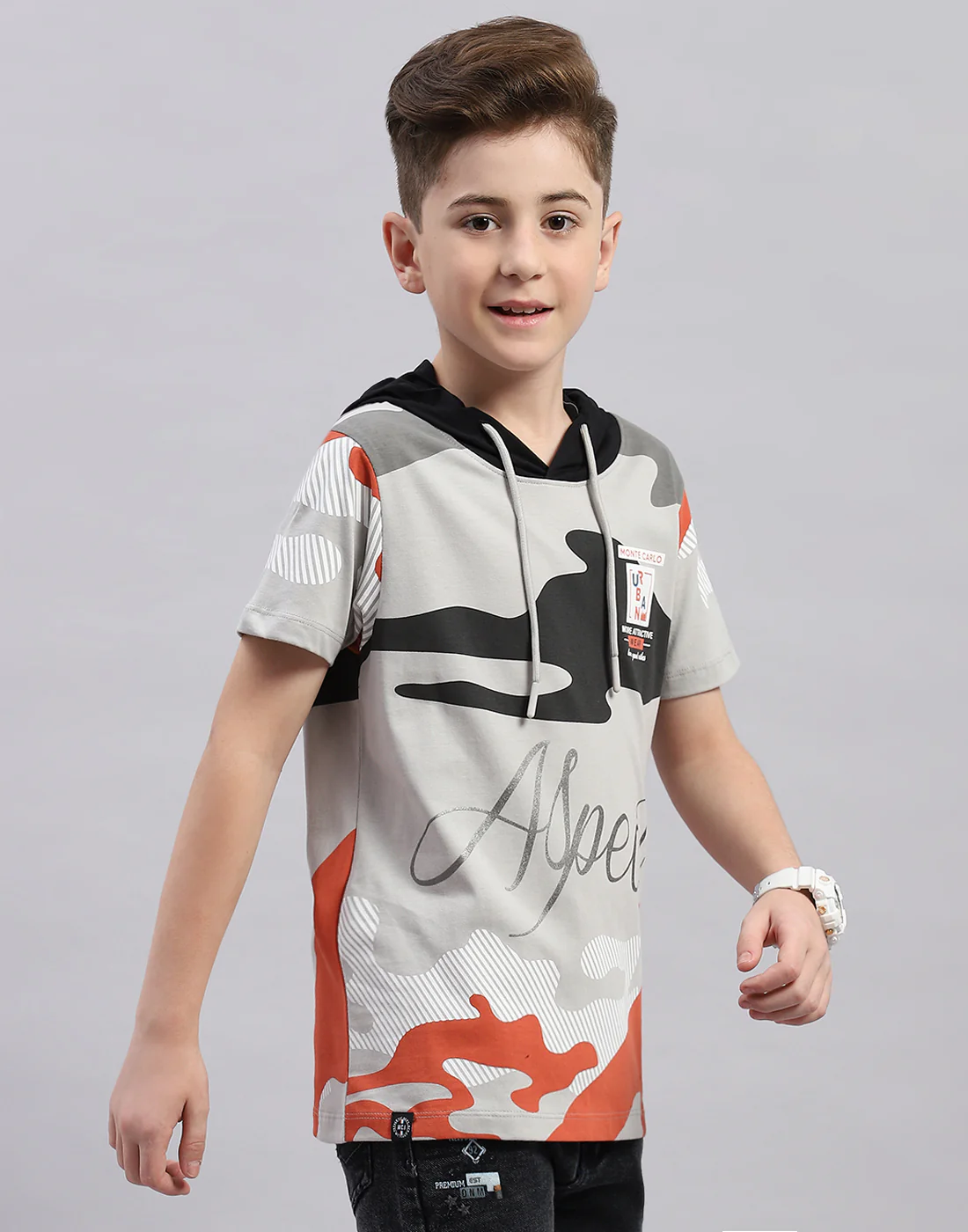 Boys Grey Printed Hooded Half Sleeve T-Shirt - Image 4