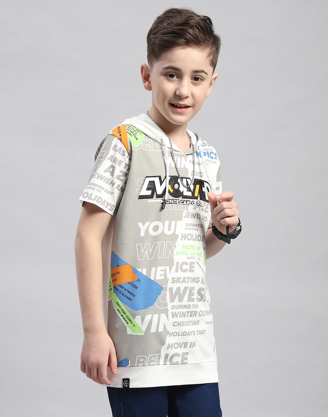 Boys Grey Printed Hooded Half Sleeve T-Shirt - Image 4