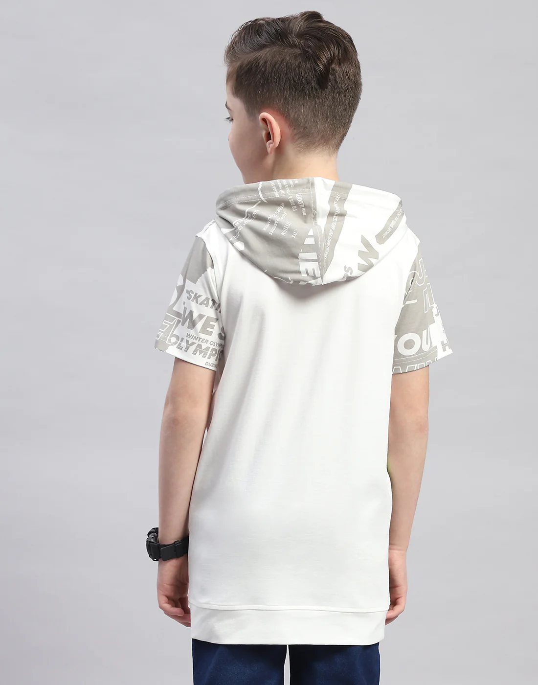 Boys Grey Printed Hooded Half Sleeve T-Shirt - Image 5