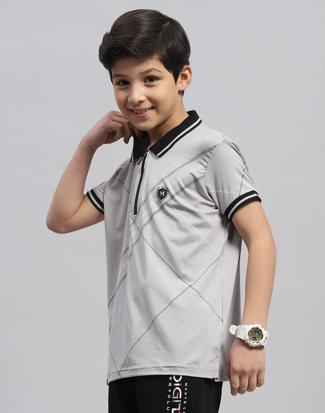 Boys Grey Printed Polo Collar Half Sleeve T-Shirt - Image 3
