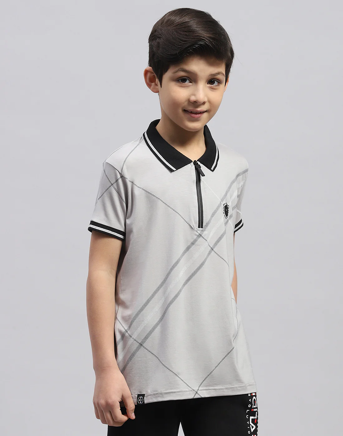 Boys Grey Printed Polo Collar Half Sleeve T-Shirt - Image 4
