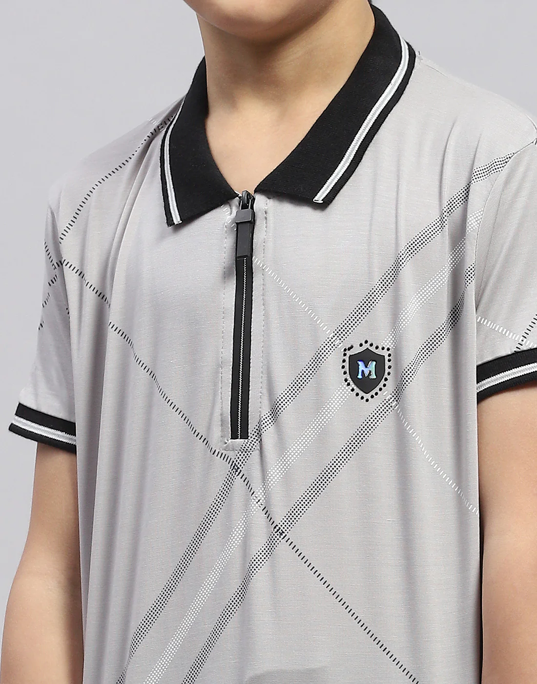 Boys Grey Printed Polo Collar Half Sleeve T-Shirt - Image 6