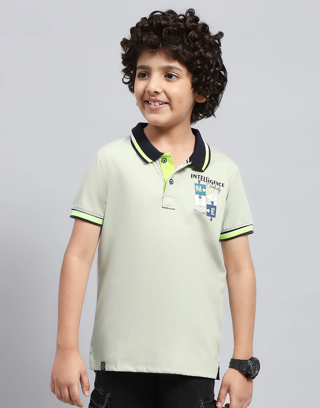 Boys Grey Printed Polo Collar Half Sleeve T-Shirt - Image 3