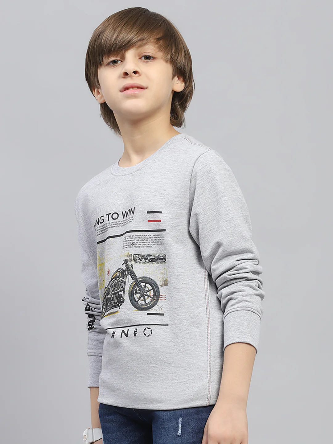 Boys Grey Printed Round Neck Full Sleeve Sweatshirt - Image 3