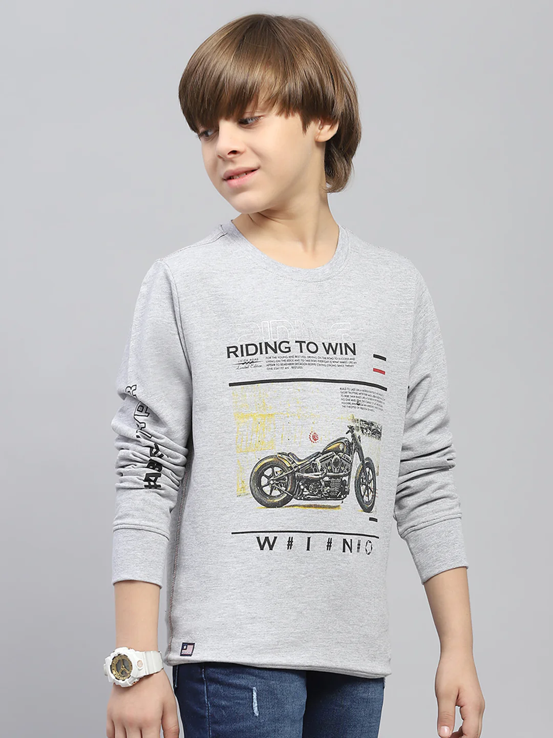 Boys Grey Printed Round Neck Full Sleeve Sweatshirt - Image 4