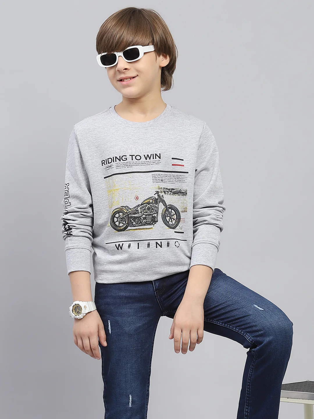 Boys Grey Printed Round Neck Full Sleeve Sweatshirt - Image 6
