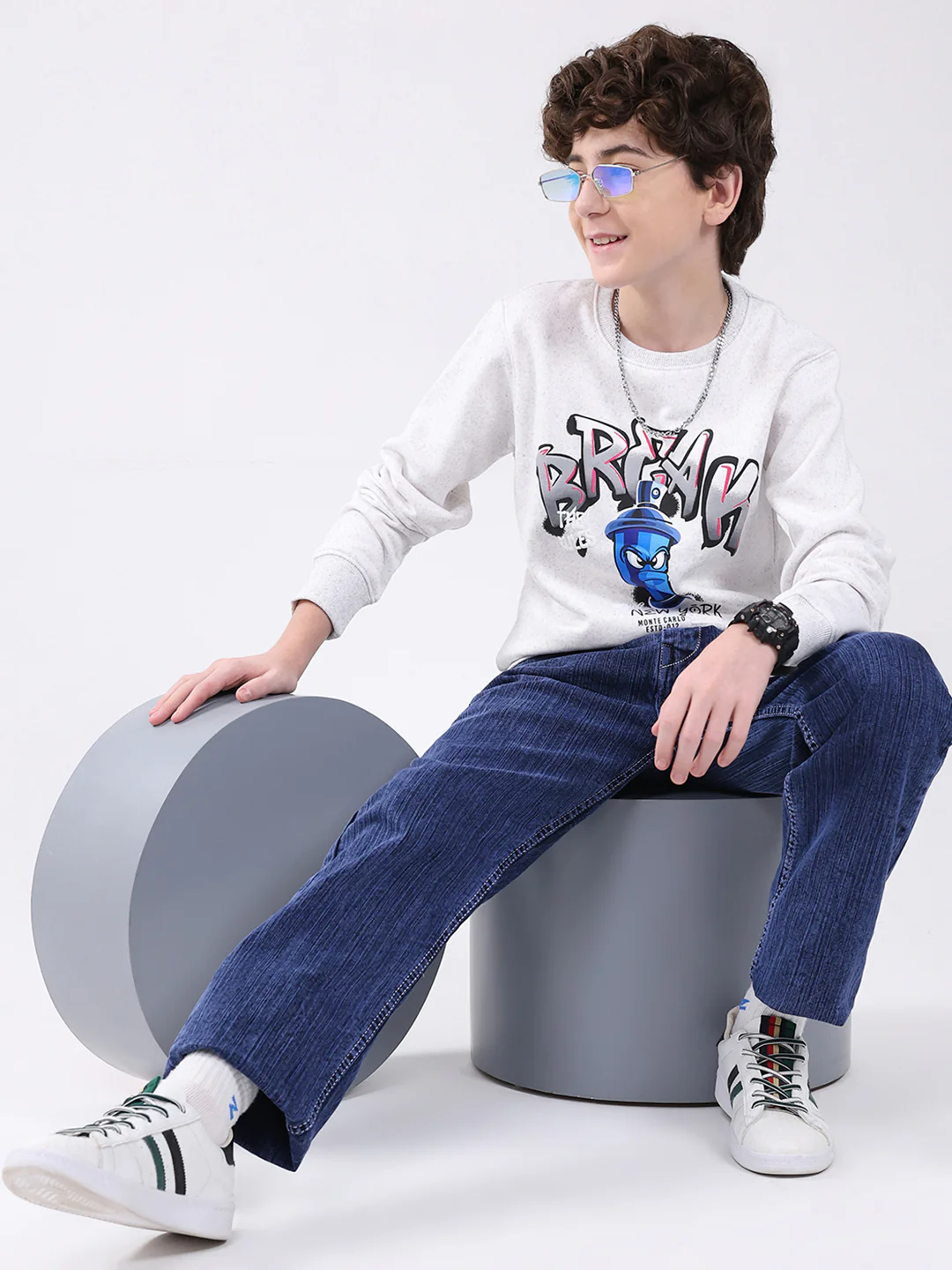Boys Grey Printed Round Neck Full Sleeve Sweatshirt - Image 2