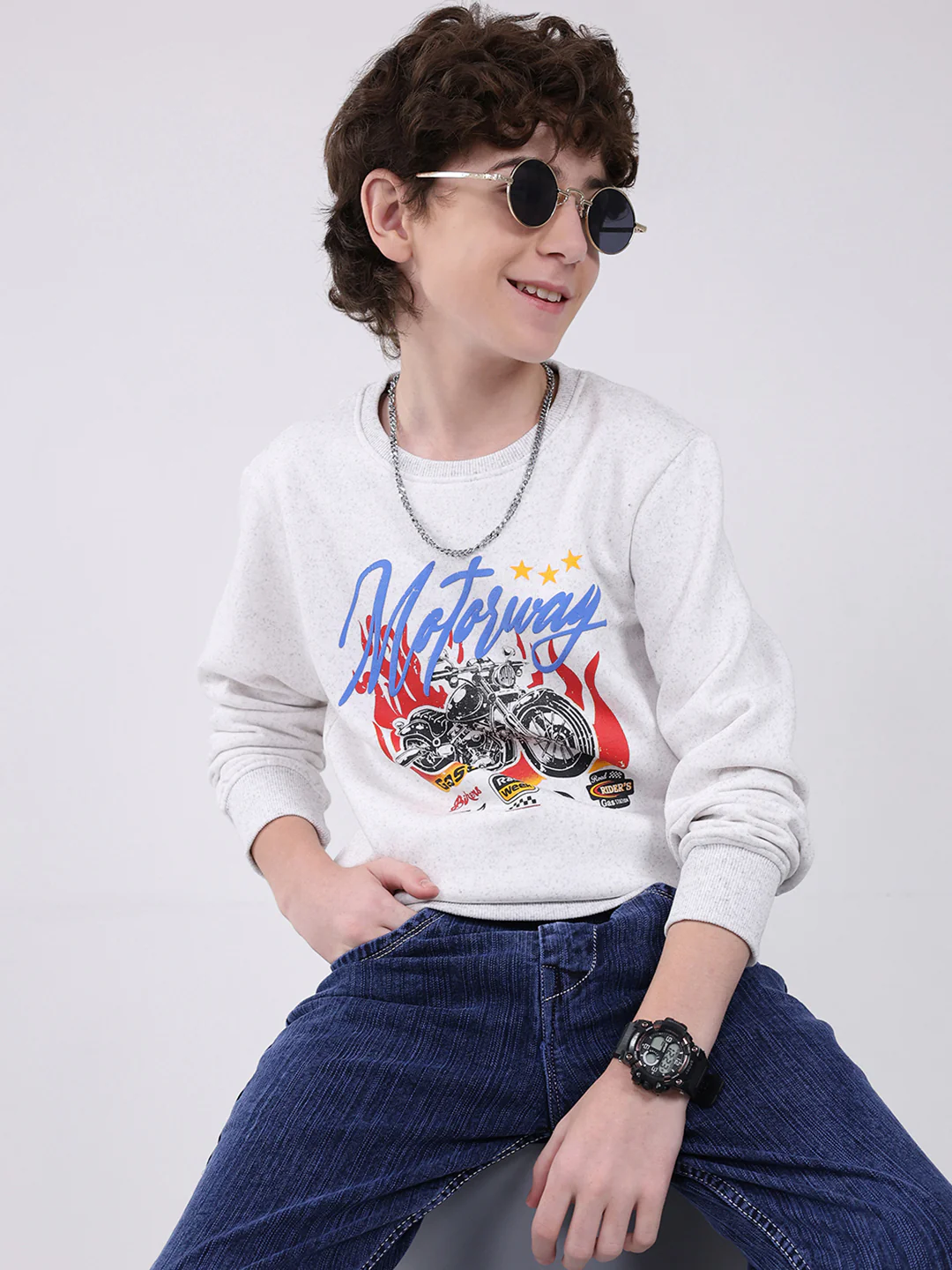 Boys Grey Printed Round Neck Full Sleeve Sweatshirt - Image 6