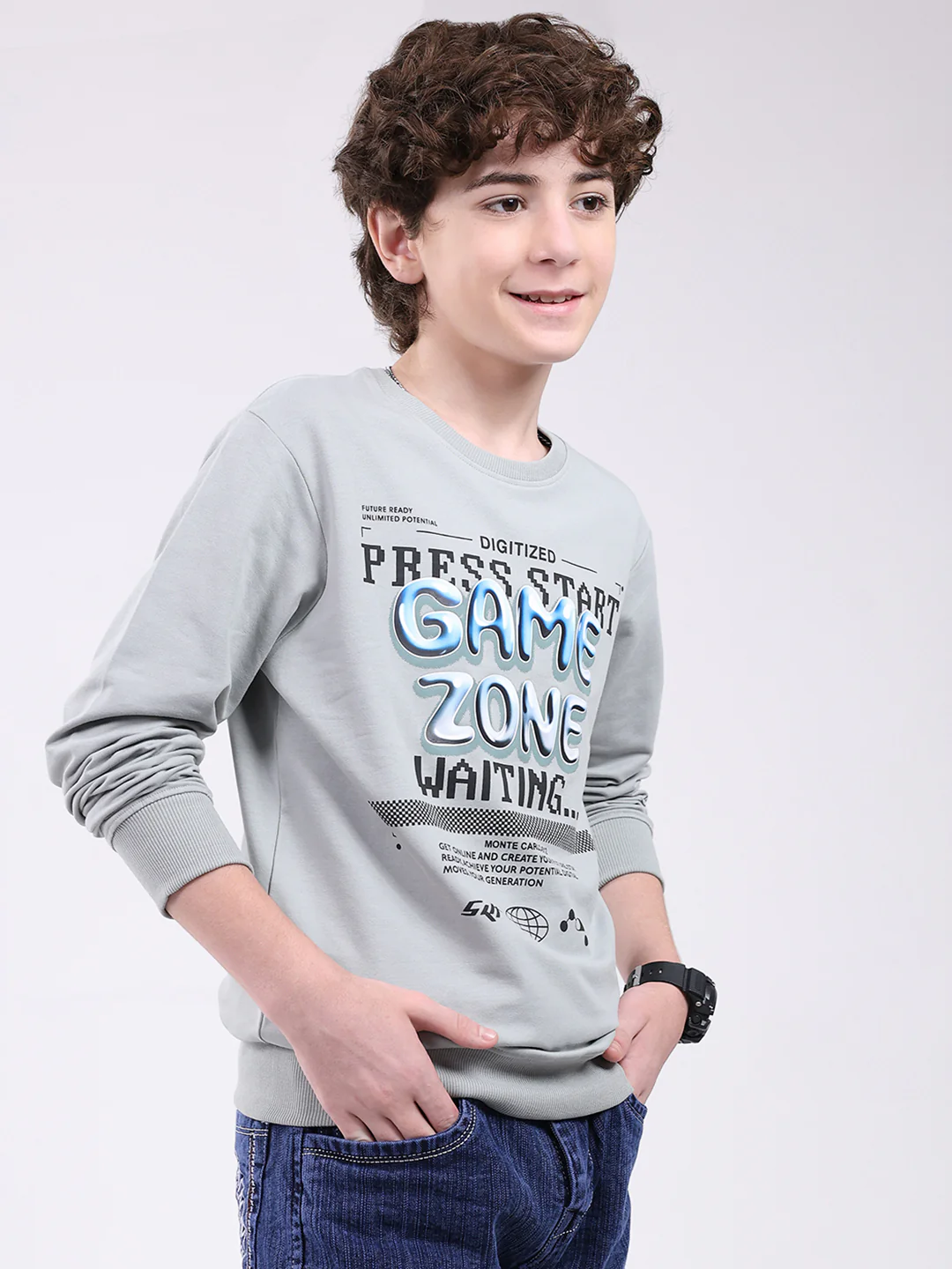 Boys Grey Printed Round Neck Full Sleeve Winter T-Shirt - Image 4