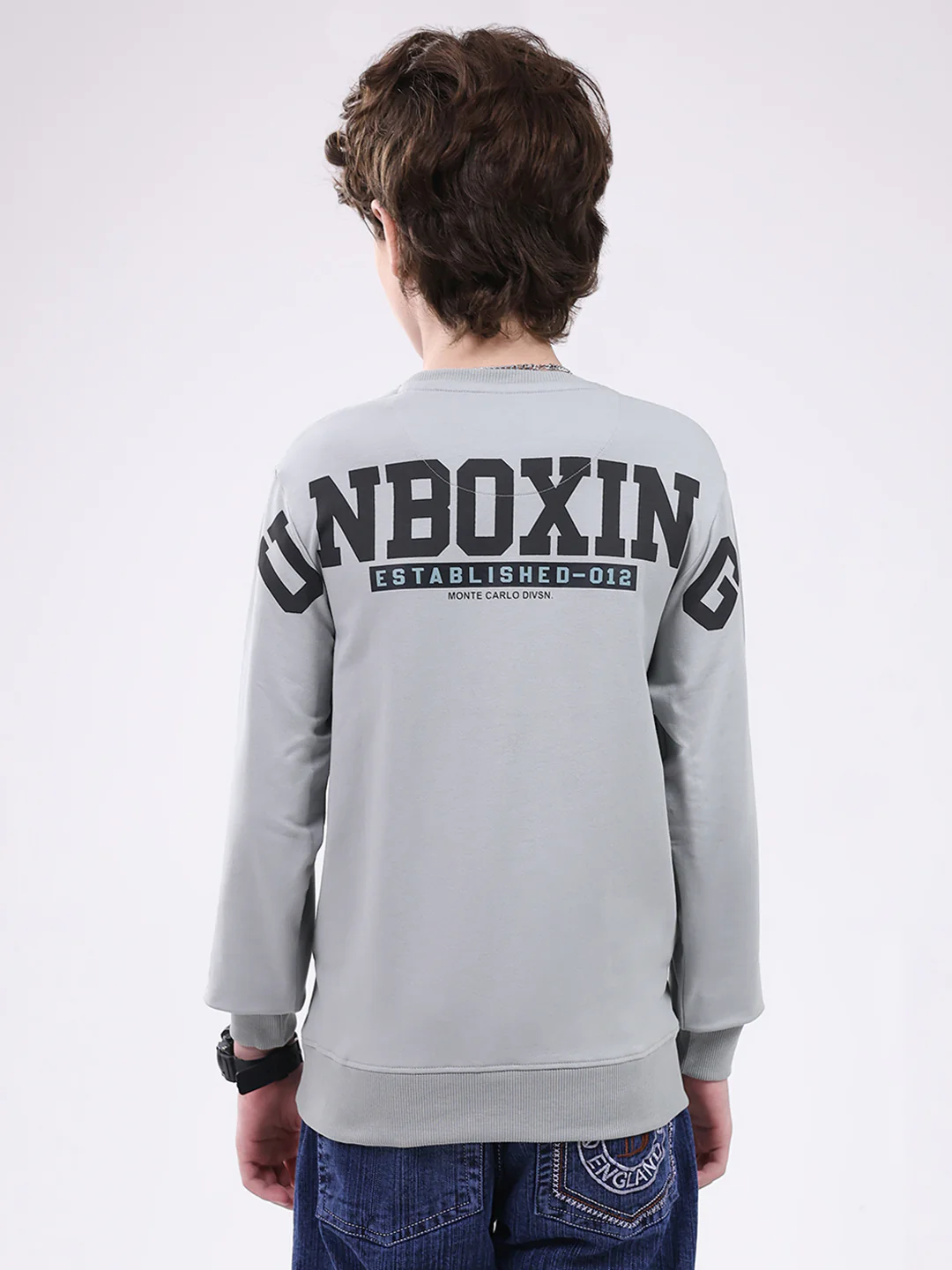Boys Grey Printed Round Neck Full Sleeve Winter T-Shirt - Image 5