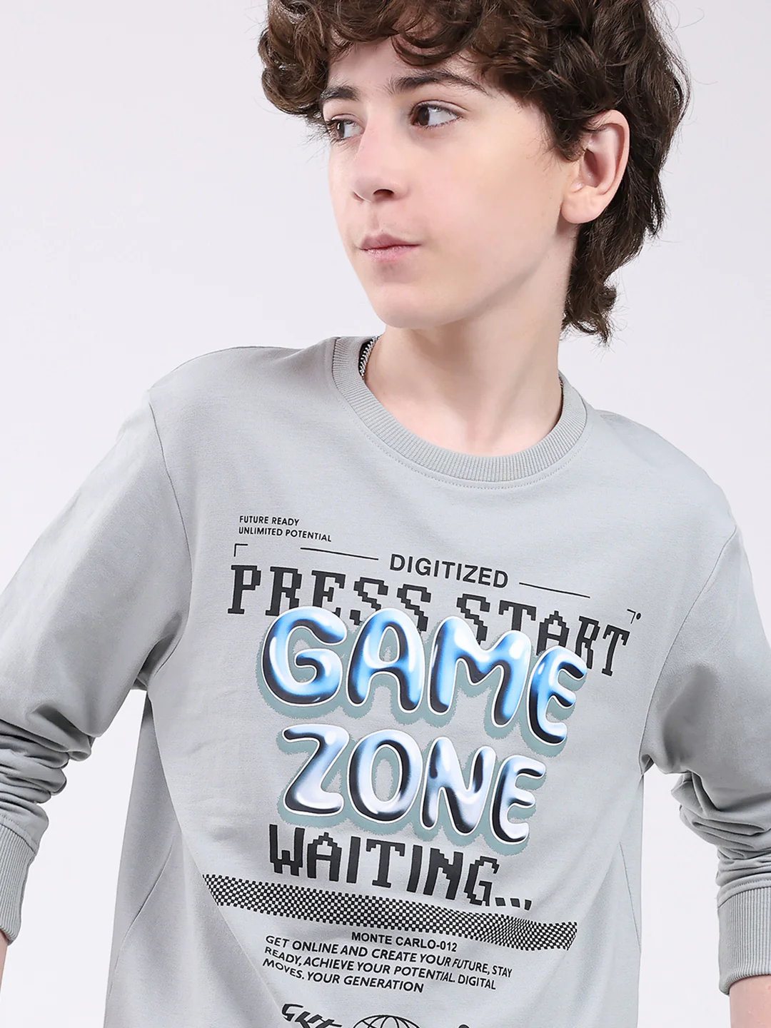 Boys Grey Printed Round Neck Full Sleeve Winter T-Shirt - Image 6
