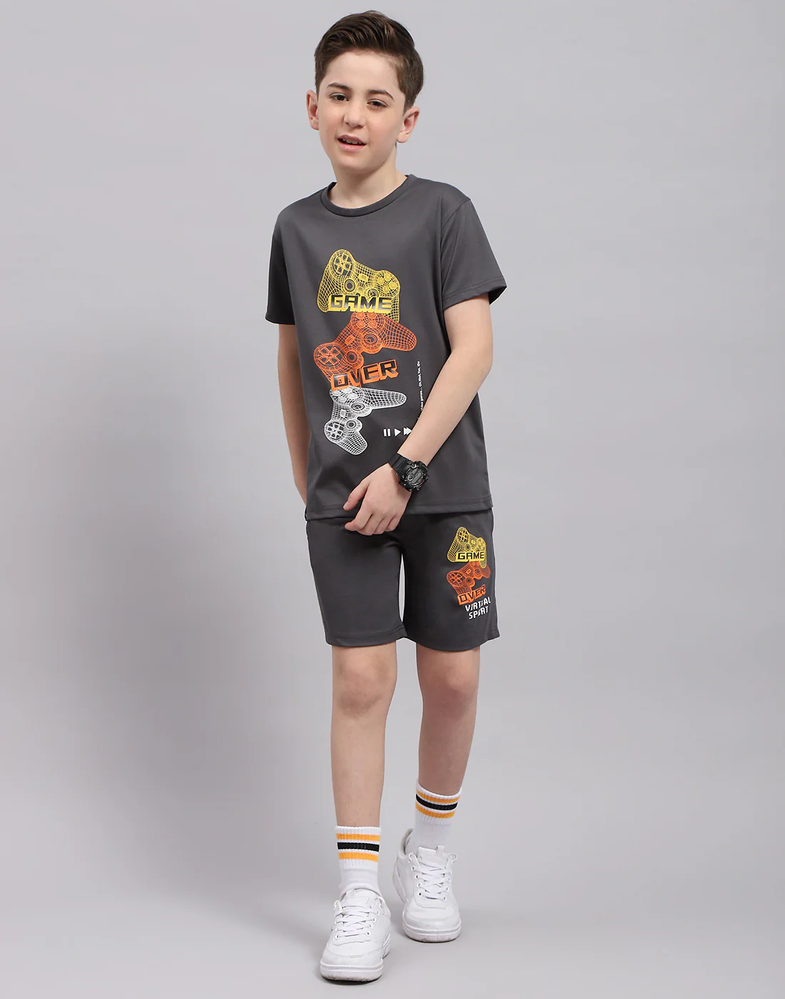 Boys Grey Printed Round Neck Half Sleeve Bermuda Set - Image 2