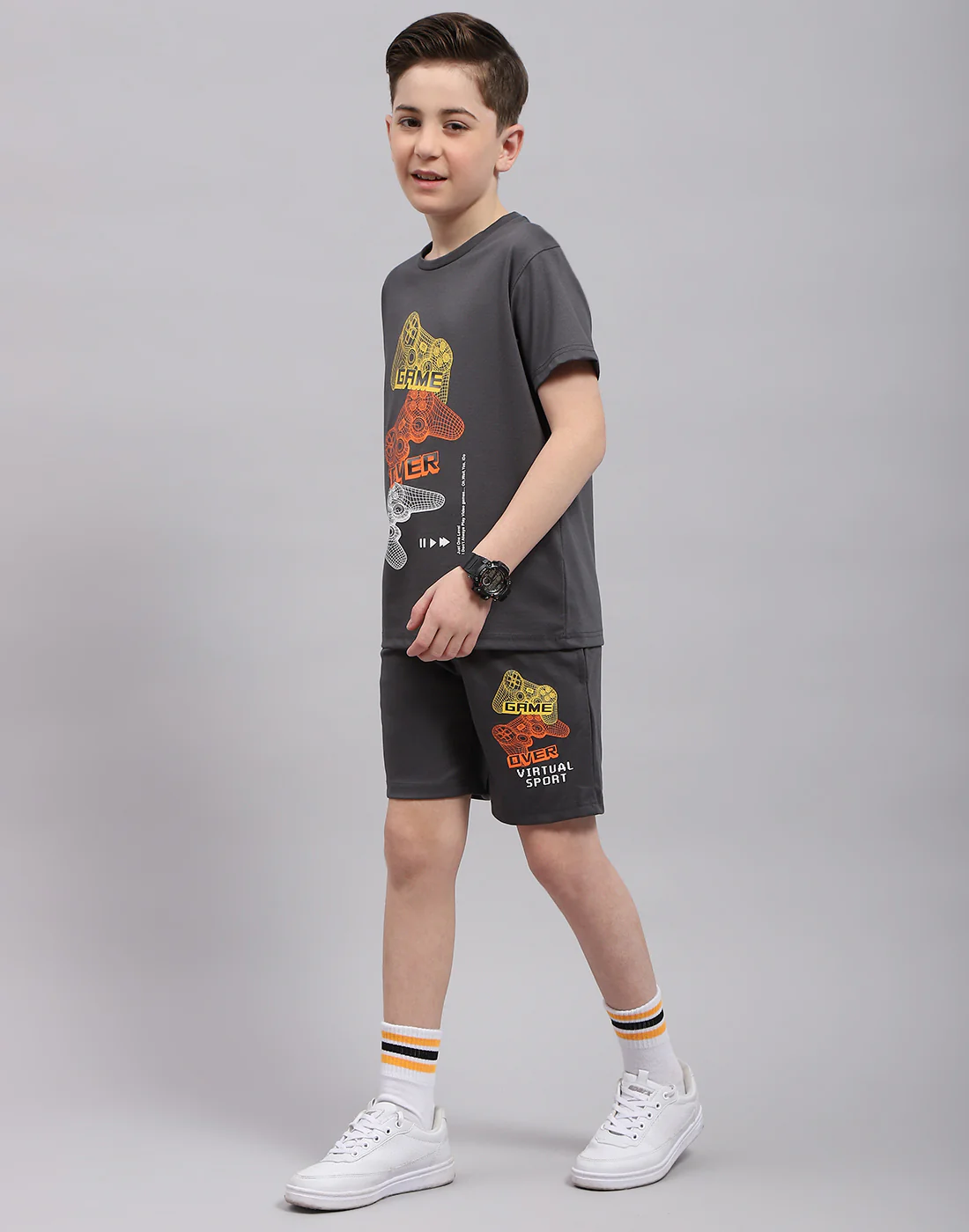 Boys Grey Printed Round Neck Half Sleeve Bermuda Set - Image 3