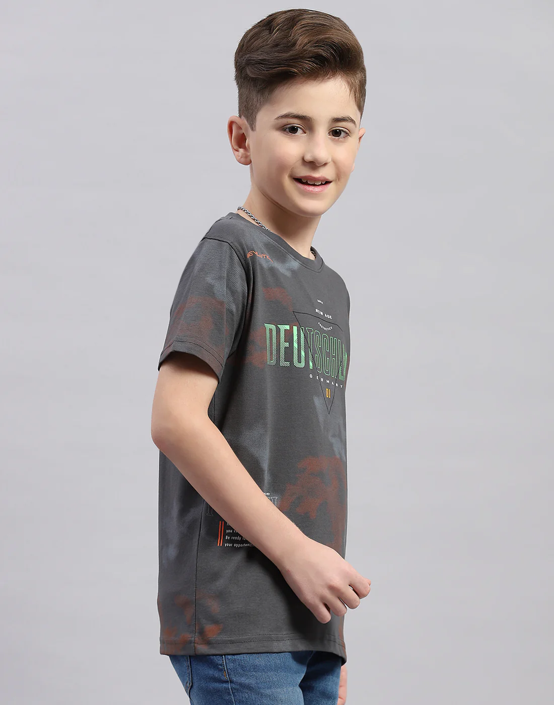 Boys Grey Printed Round Neck Half Sleeve T-Shirt - Image 4