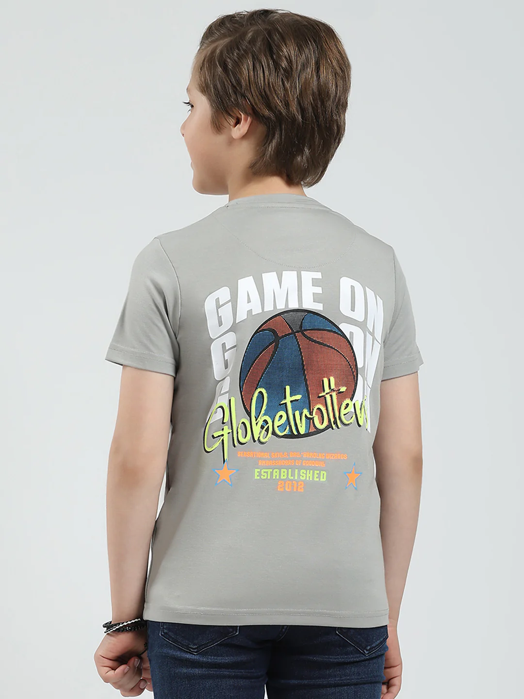 Boys Grey Printed Round Neck Half Sleeve T-Shirt - Image 5